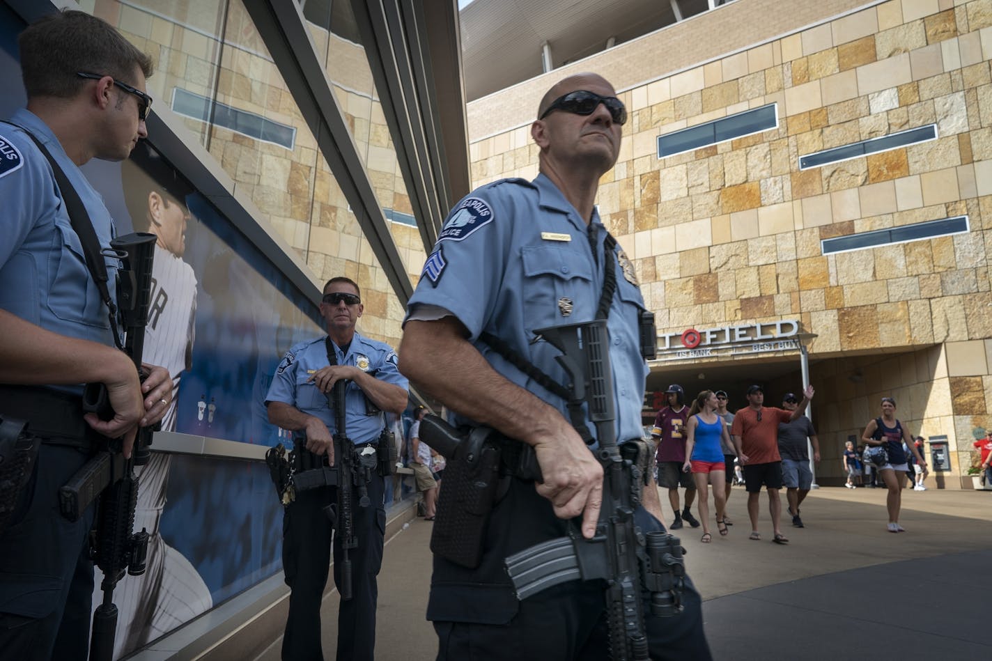 Minneapolis Police Sargent K.A Angerhofer and SWAT team members stood outside Target Field after the Twins game as a reaction to the mass shooting that happened in El Paso Texas Sunday August 4, 2019 in Minneapolis, MN.