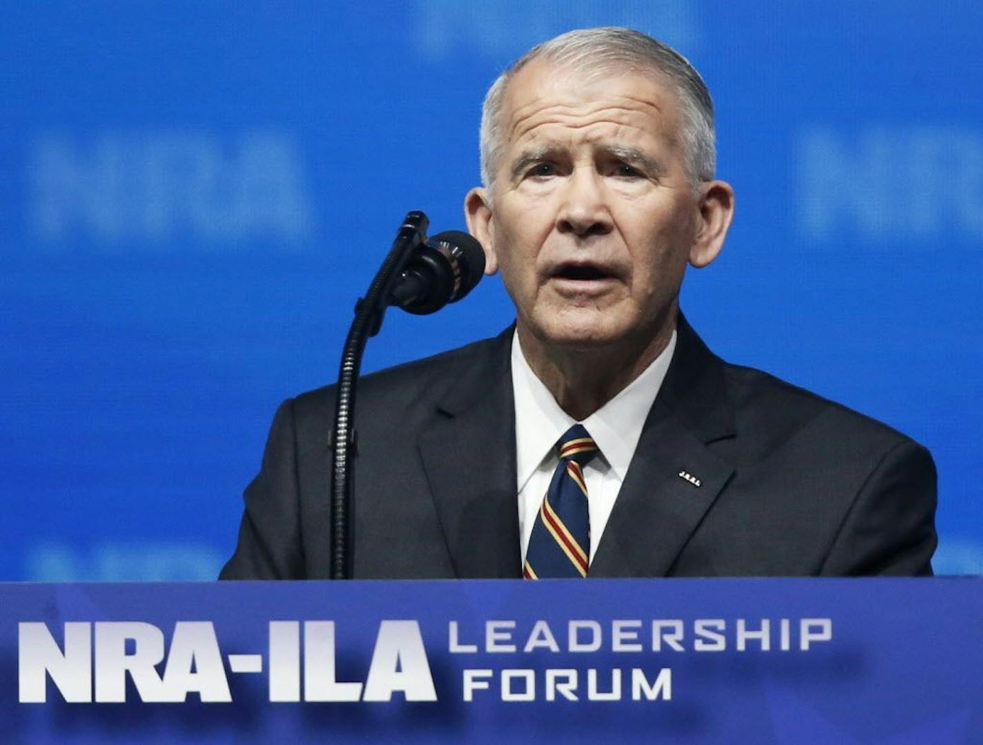 Former U.S. Marine Lt. Col. Oliver North spoke before giving the Invocation at the National Rifle Association-Institute for Legislative Action Leadership Forum in Dallas on Friday.