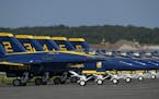 Blue Angels jets sat on the tarmac at Duluth International Airport in July 2019 ahead of the Duluth Air Show.