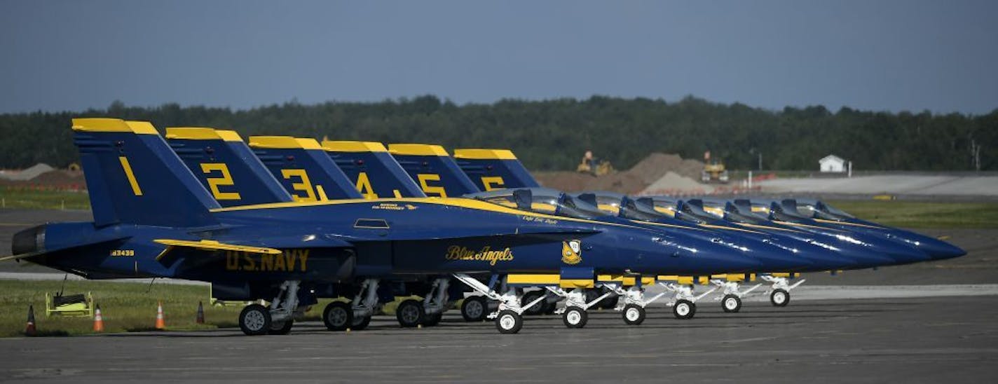 Blue Angels jets sat on the tarmac at Duluth International Airport in July 2019 ahead of the Duluth Air Show.