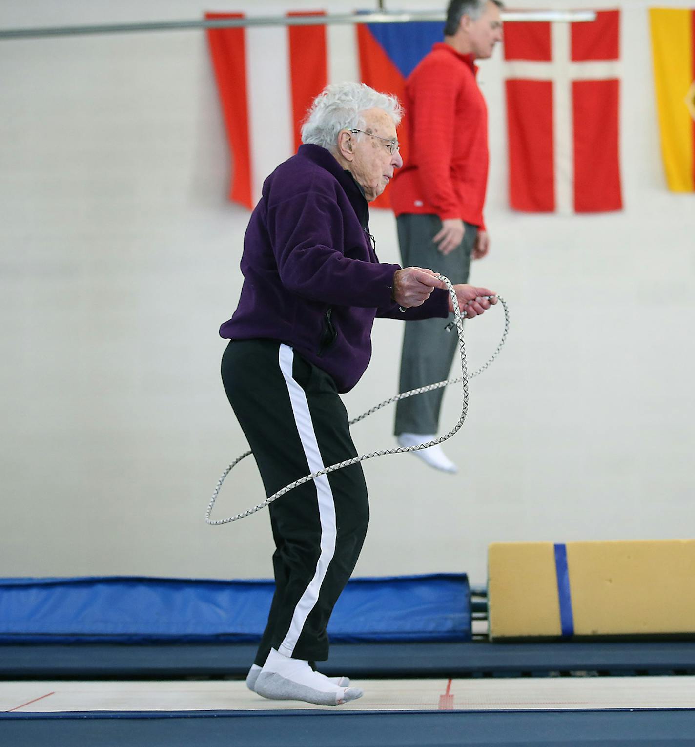 Elliott Royce took trampoline lessons at Minnesota Twisters, Tuesday, February 25, 2015 in Edina, MN. Royce estimates that he has fallen down at least 14,000 times. He's not clumsy; he's doing it on purpose. He teaches people -- primarily seniors -- how to fall safely if they are undone by slippery sidewalks. ] (ELIZABETH FLORES/STAR TRIBUNE) ELIZABETH FLORES &#x2022; eflores@startribune.com