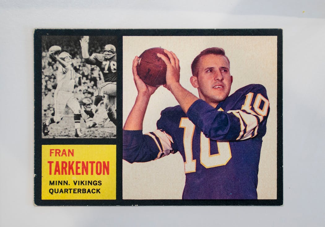 Quarterback Fran Tarkenton’s rookie card from 1961, on display at the Vikings Museum in Eagan.