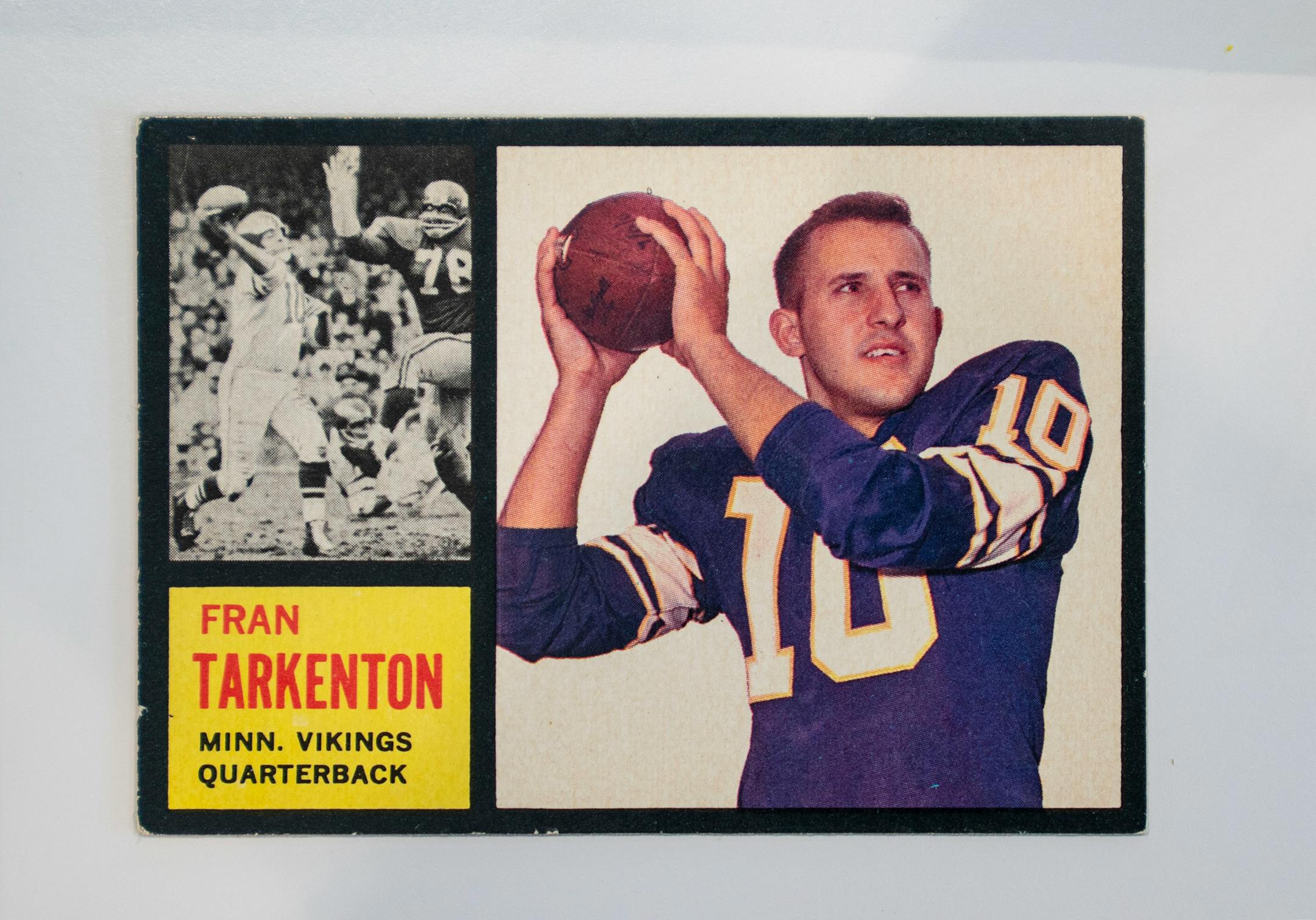 Minnesota Vikings legendary quarterback, Fran Tarkenton's, rookie card from 1961 was on display at the Vikings Museum in Eagan, Minn. on Thursday, September 16, 2021. ]