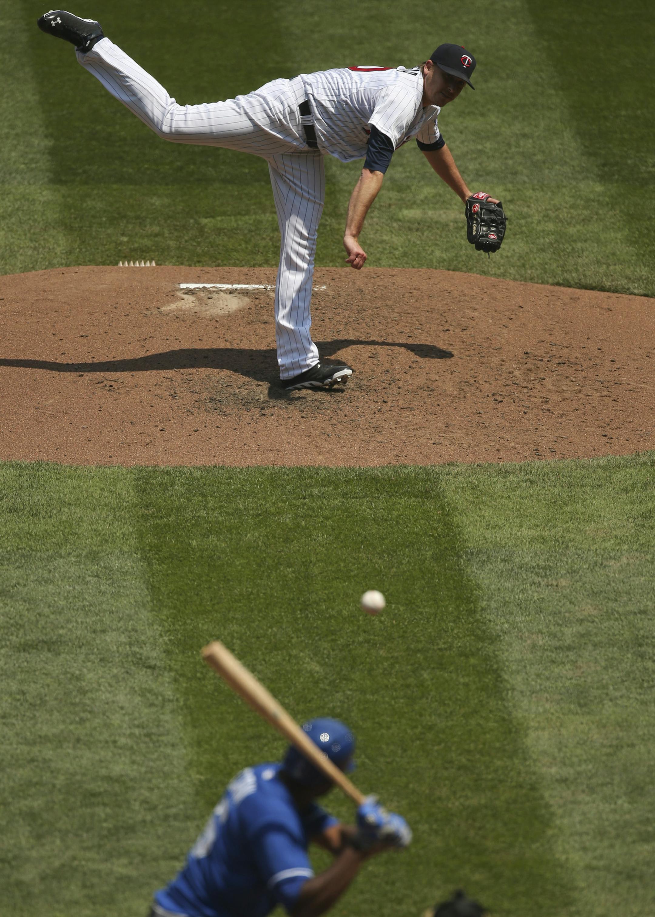 The Twins faced the Kansas City Royals in the final game of their four game series at Target Field Sunday afternoon, June 30, 2013. Twins' starter Kevin Correia pitching to the Royals' Lorenzo Cain in the fourth inning. In five innings he allowed five runs and eight hits while on the mound. ] JEFF WHEELER &#x201a;&#xc4;&#xa2; jeff.wheeler@startribune.com ORG XMIT: MIN1306301519060340