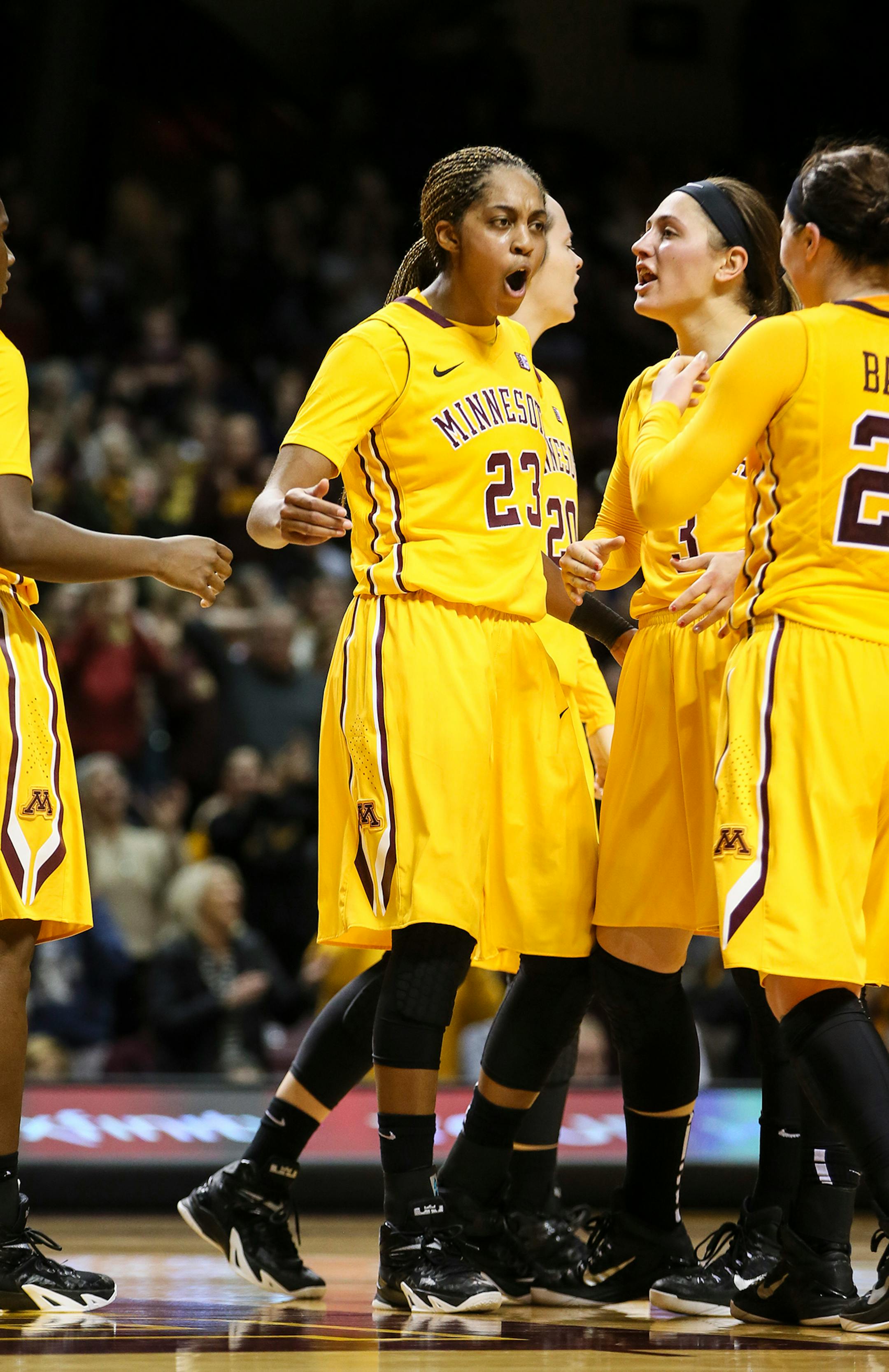 Shae Kelley (23) celebrated after she made a basket to bring the game within one point during the second half. ] RENEE JONES SCHNEIDER • reneejones@startribune.com Minnesota Gophers women's basketball verse. Purdue Boilermakers at Williams Arena at the University of Minnesota on Thursday, January 22, 2015 in Minneapolis, Minn.