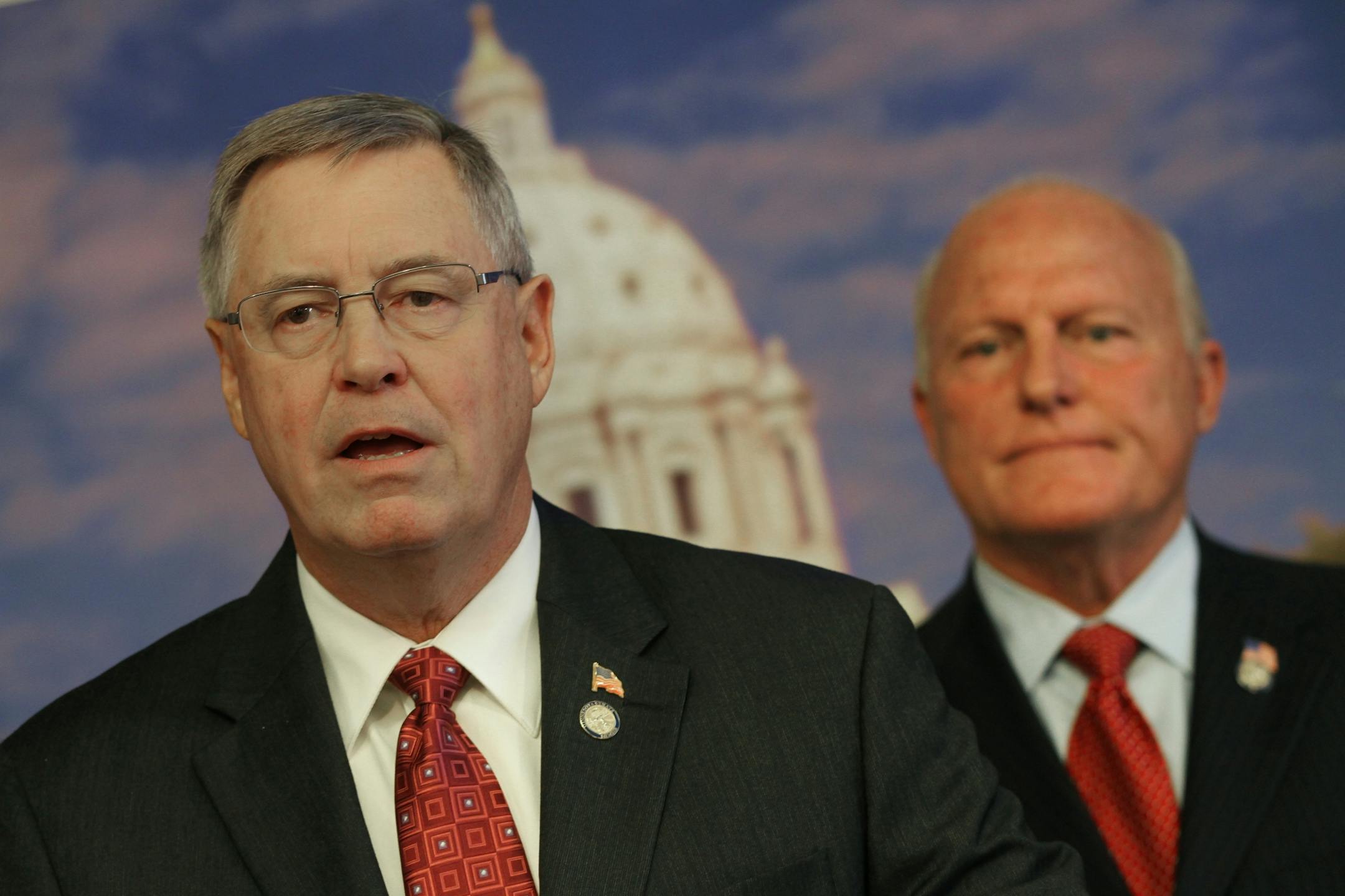 (left to right) Senator Scott Newman (R-Hutchinson) and Senator Mike Parry (R-Waseca) announced they have filed a complaint against Minnesota Secretary of State Mark Richie on 10/4/12.