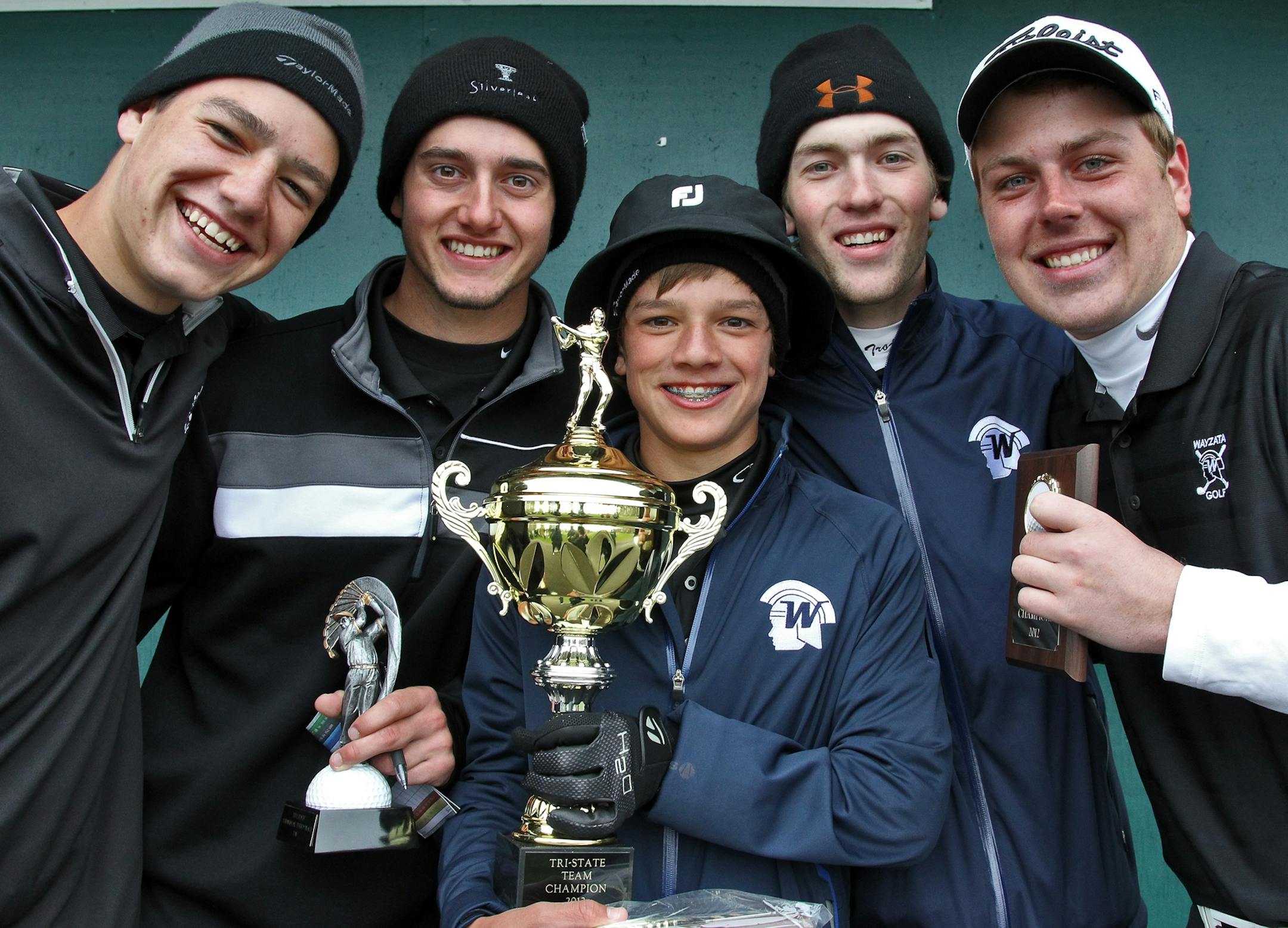 Tri-State Invitational High School golf Tournament played at Edinburgh Golf Course in Brroklyn Park. Wayzata won the first place team championship. Fro0m left, Jack Holmgren, Andrew Brandt, Will Holmgren, Miles Death and David Stein. (MARLIN LEVISON/STARTRIBUNE(mlevison@startribune.com
