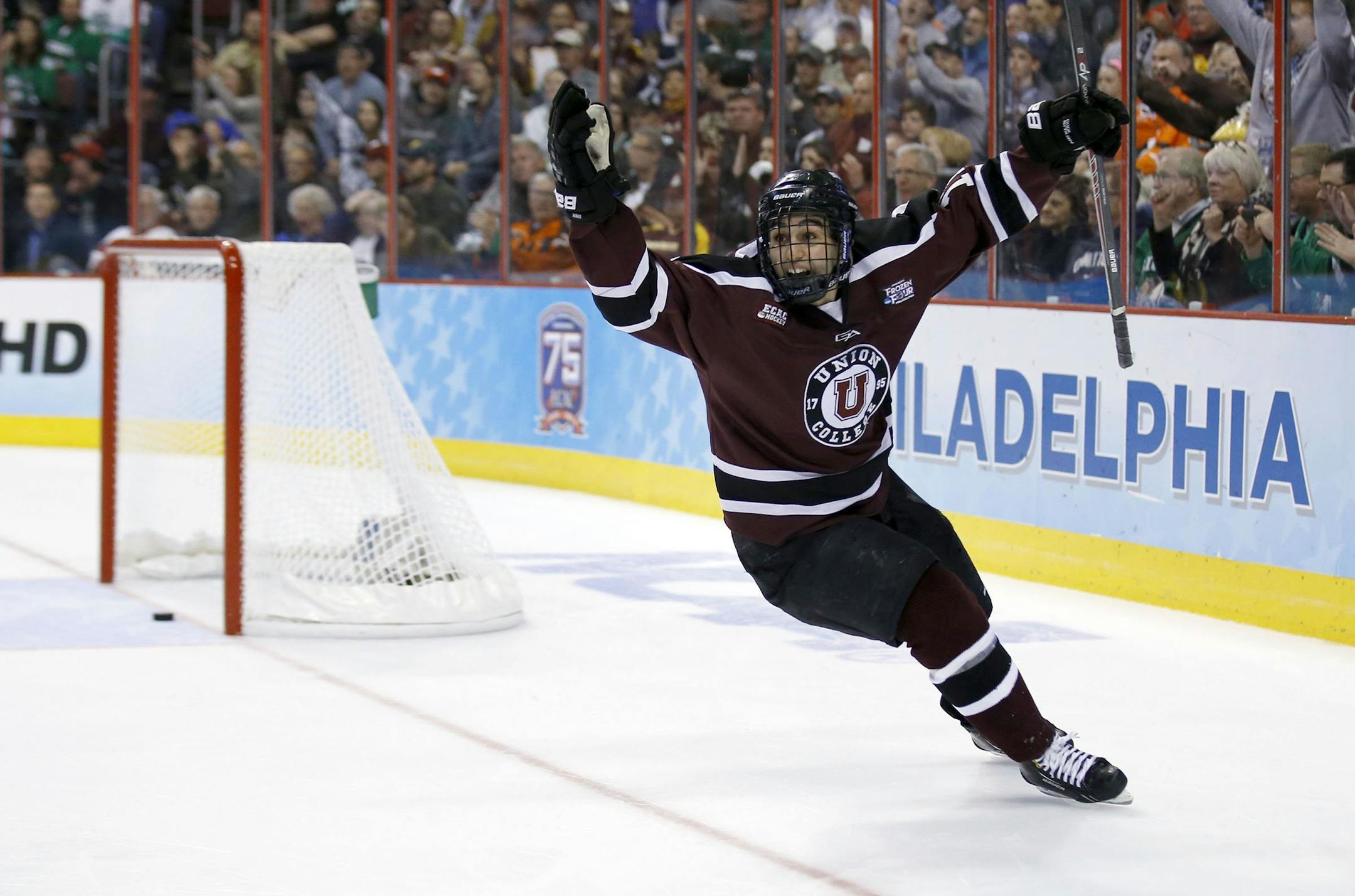 Union College's Daniel Ciampini celebrates his third-period empty net goal against Boston College in an NCAA Frozen Four semifinal at the Wells Fargo Center in Philadelphia on Thursday, April 10, 2014. Union advanced, 5-4. (Yong Kim/Philadelphia Daily News/MCT) ORG XMIT: 1151564