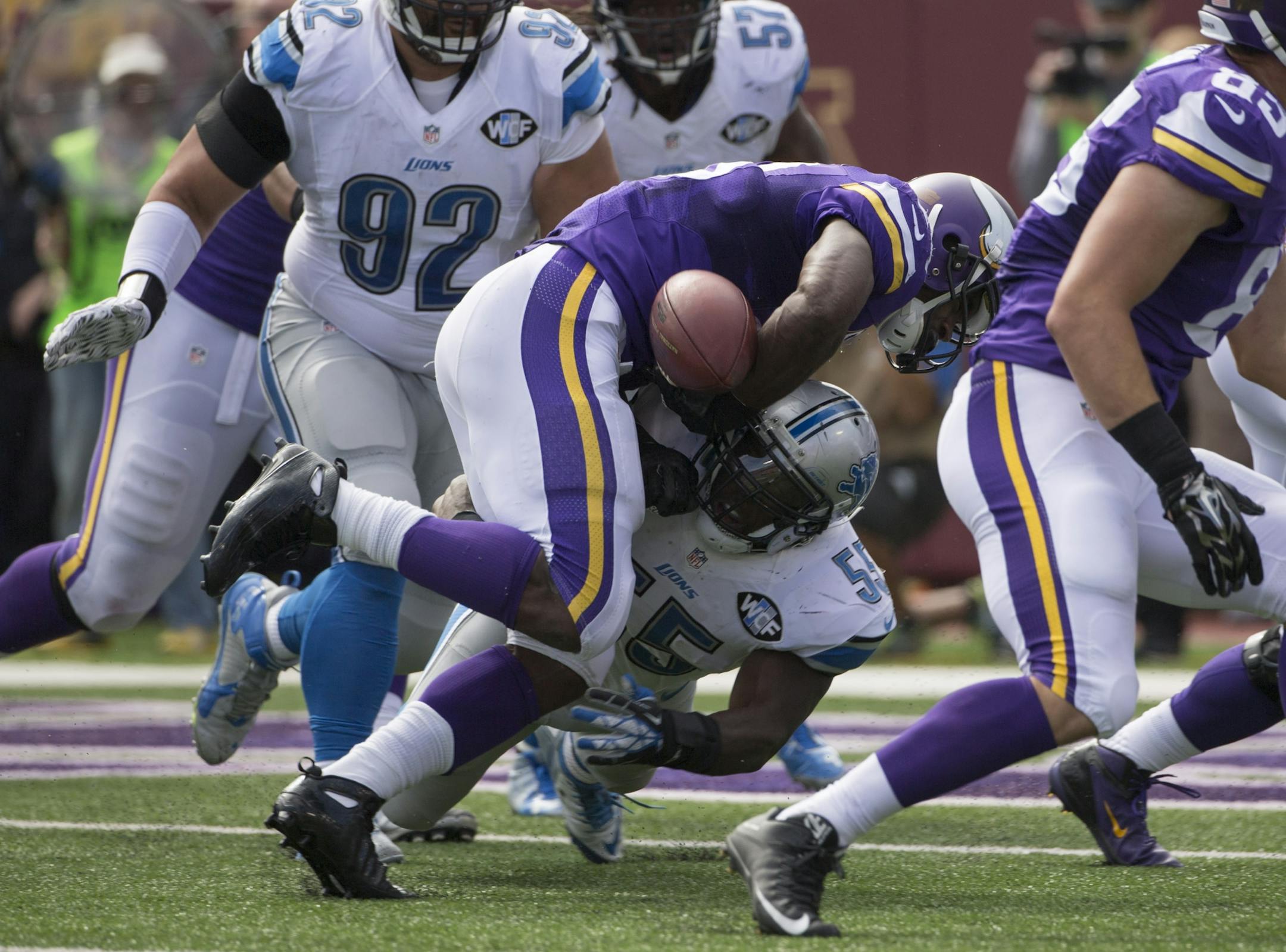 Adrian Peterson charges the goal line and dropped the ball on the play but a penalty nulified the play in the 3rd quarter.