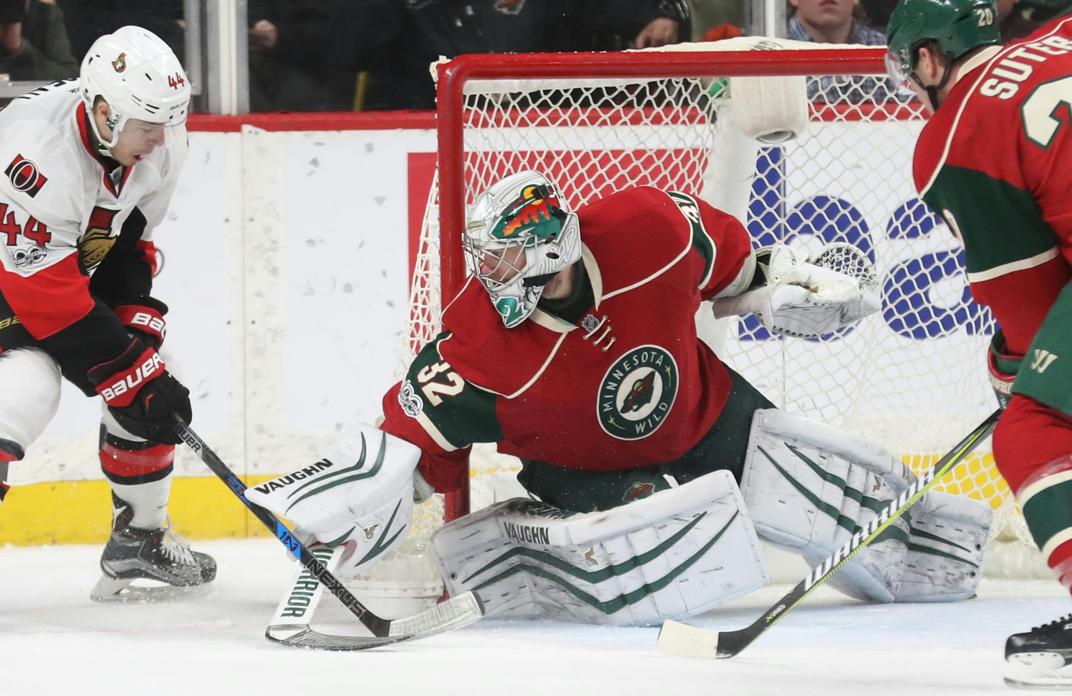 Wild Goalie Alex Stalock(32) who only allowed one goal in his first game defends against Jean-Gabriel Pageau(44).]At the Xcel Energy Center in a game between the Wild and Ottawa.Richard Tsong-Taatarii/richard.tsong-taatarii@startribune.com