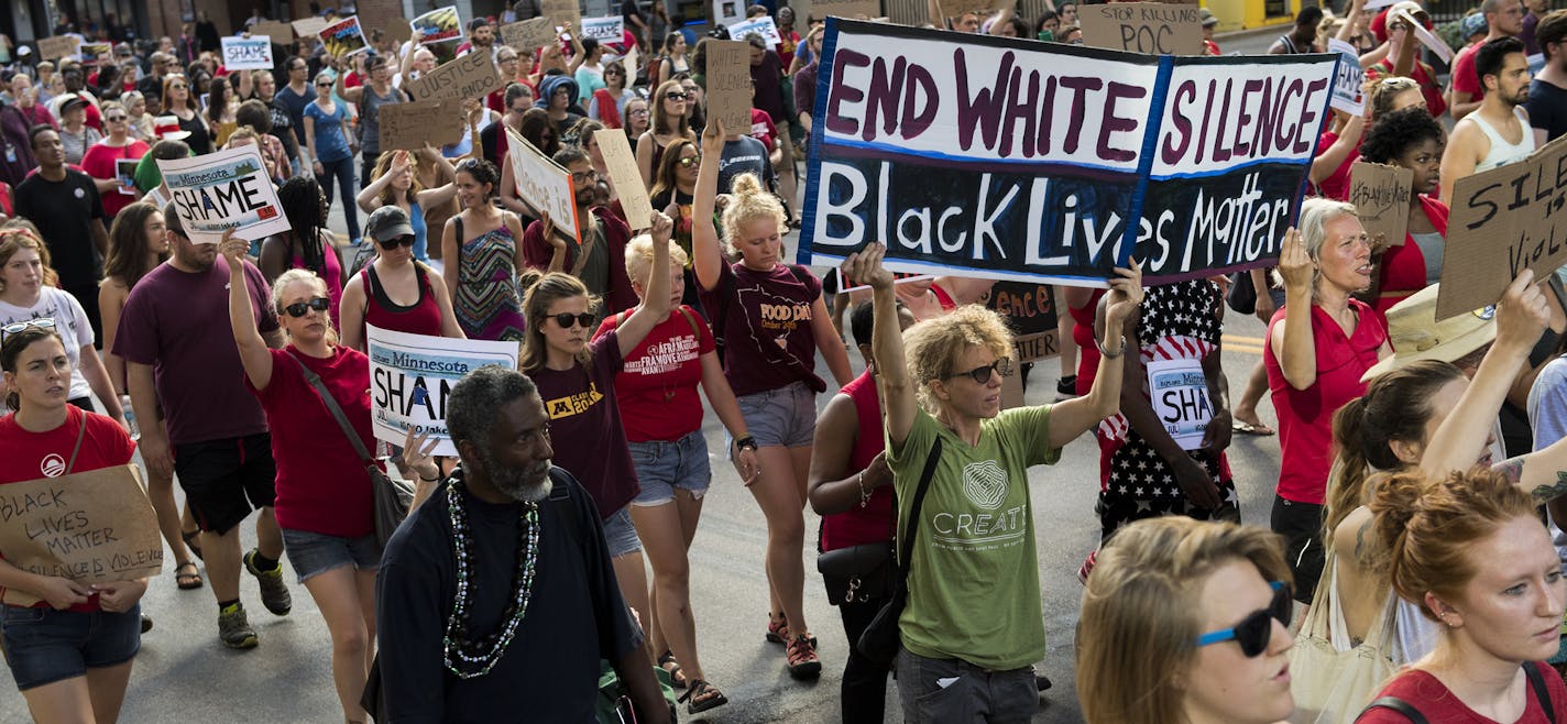 Protesters march after a gathering in Loring Park held by Black Lives Matter in Minneapolis, Saturday, July 9, 2016. (Isaac Hale/Star Tribune via AP)