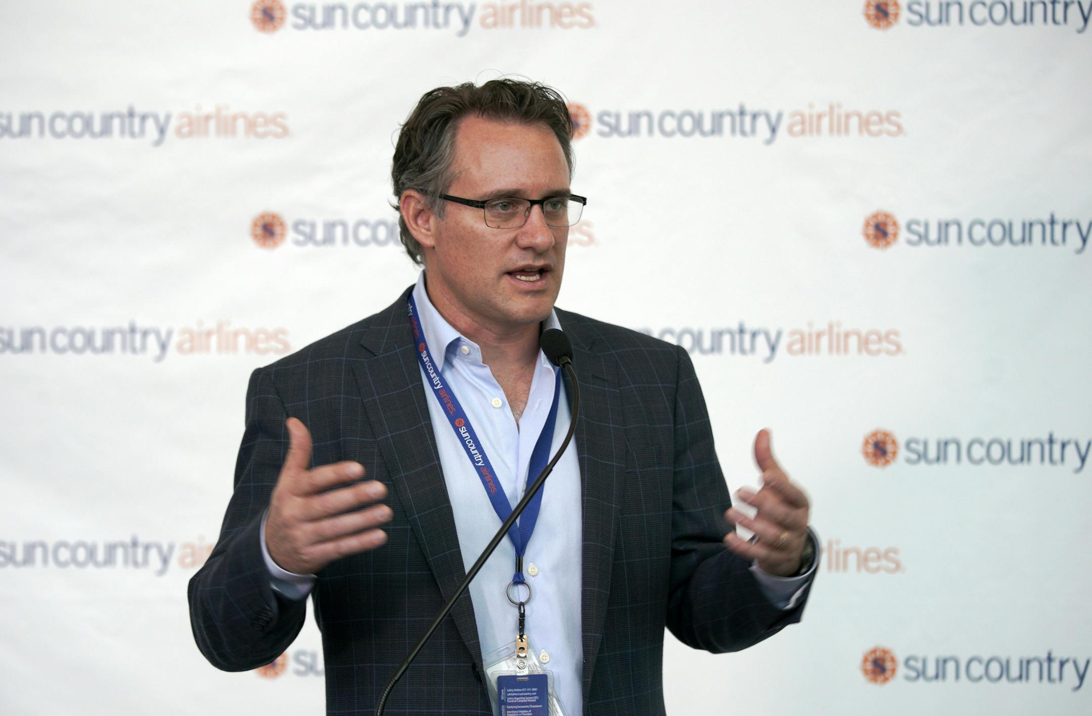 CEO of Sun Country, Jude Bricker, announced the airline's route expansion to eight new routes from MSP and 11 new routes at other U.S. airports. ] BRIAN PETERSON &#xa5; brian.peterson@startribune.com
Minneapolis, MN Tuesday, January 8, 2019