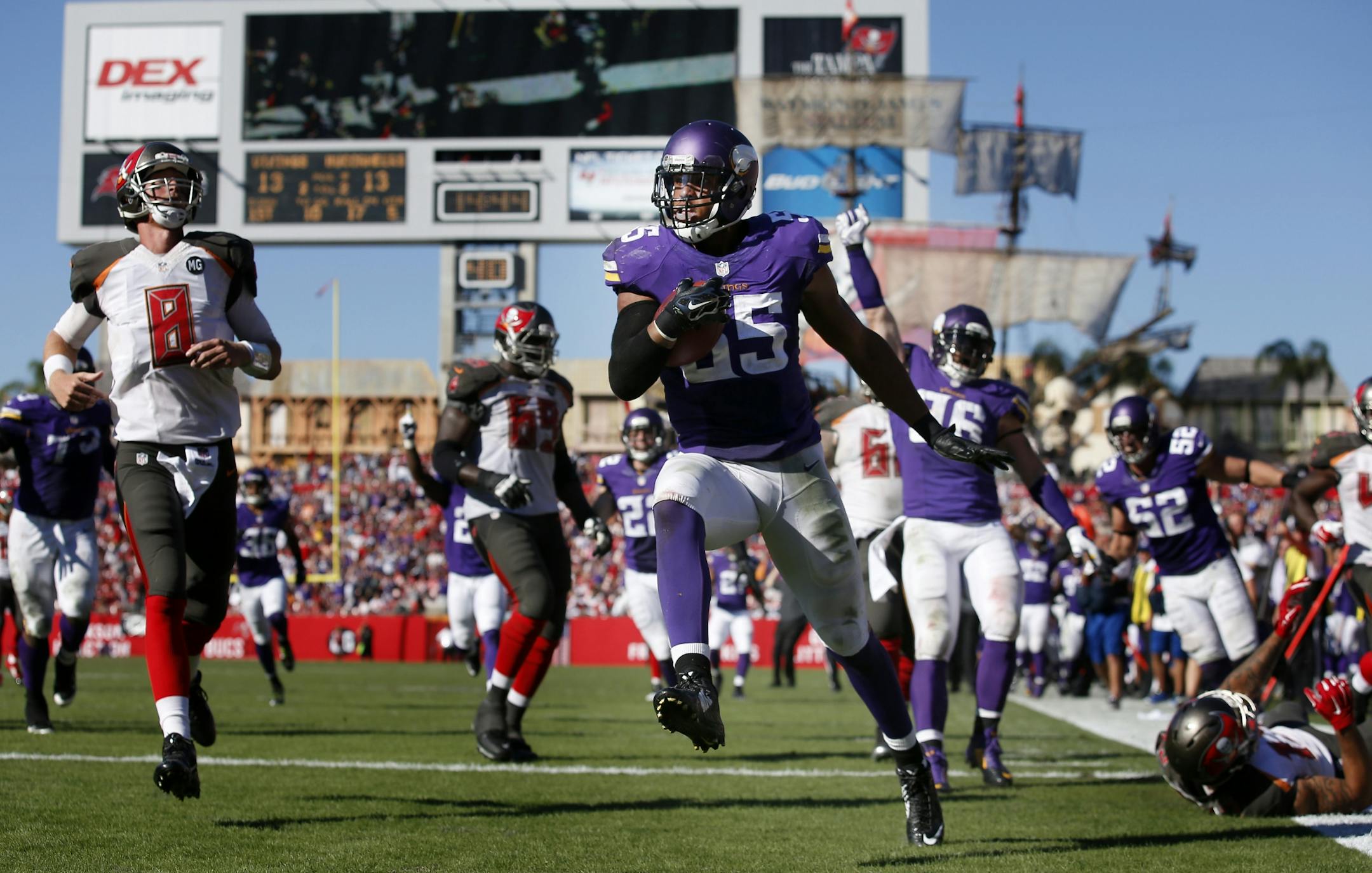 Minnesota Vikings linebacker Anthony Barr (55) returned a fumble by Austin Seferian-Jenkins 27-yards for a touchdown to win the game in overtime.