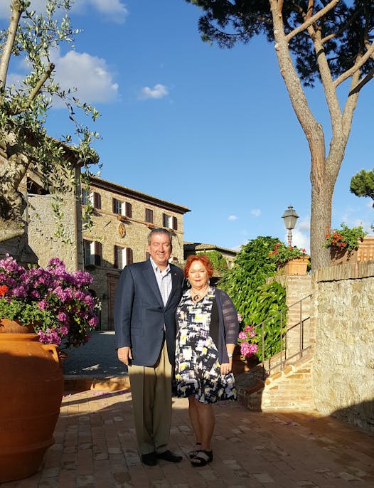 Travel agent John Brawley and his wife, Diane, in Borgo San Felice, near Siena, Italy.