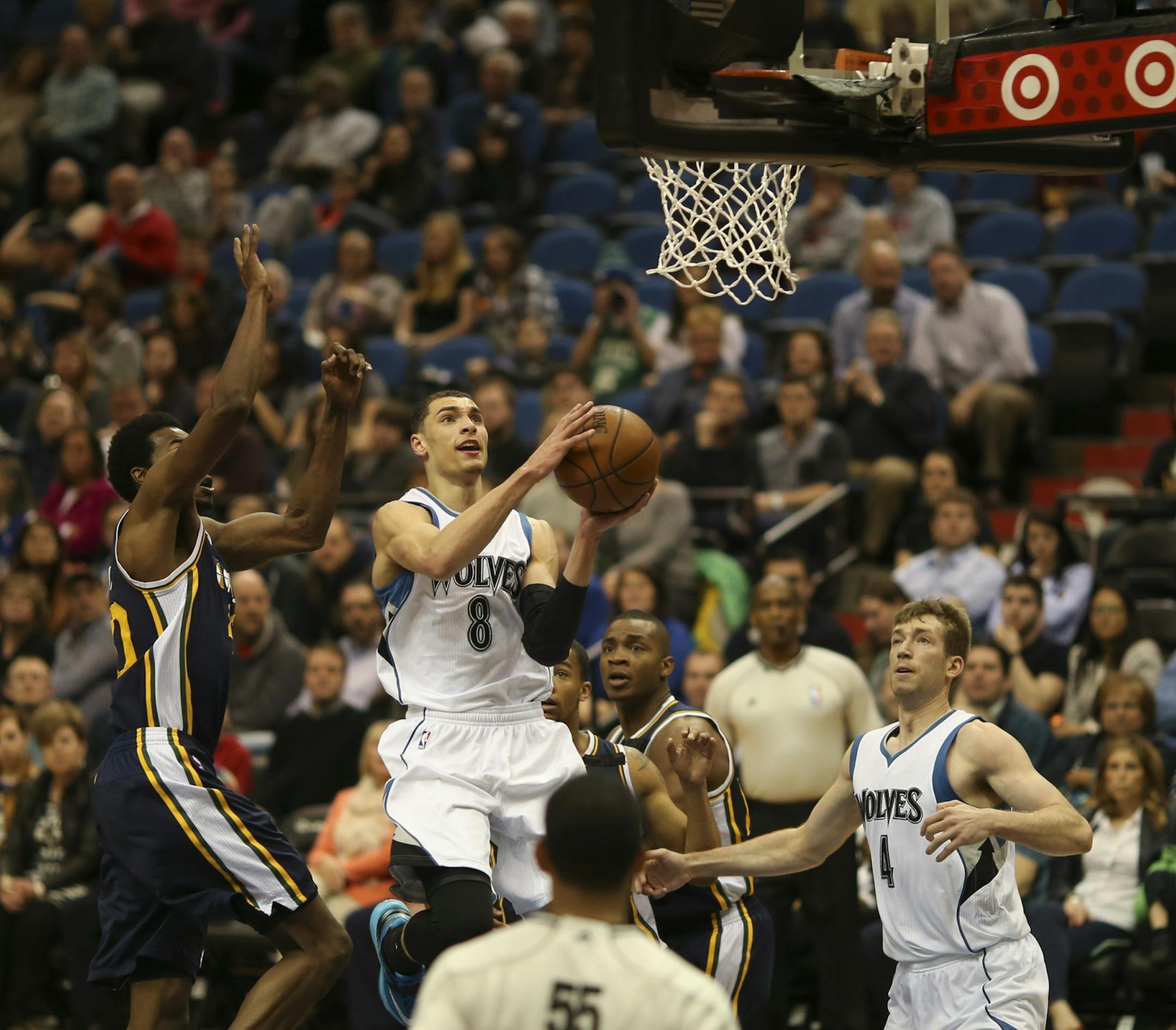 Minnesota Timberwolves guard Zach LaVine (8) went up for a second quarter shot Monday night at Target Center.
