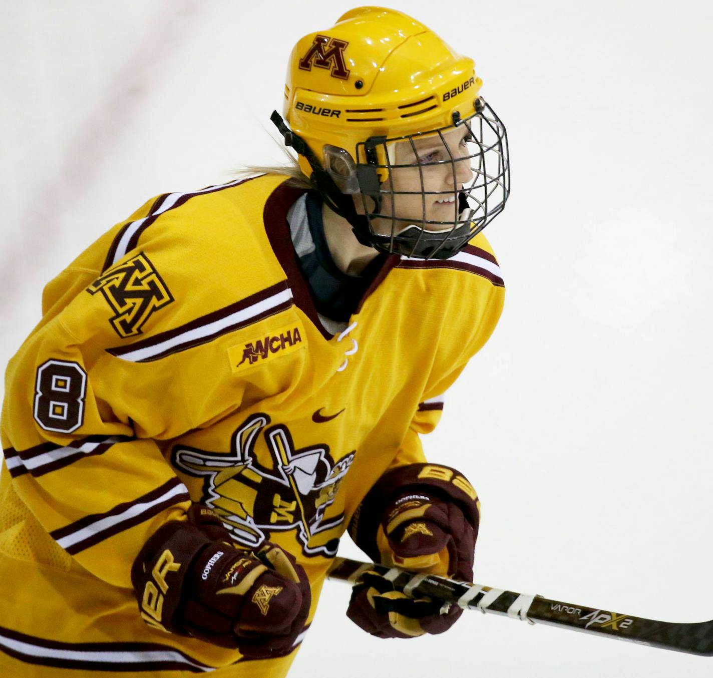 Amanda Kessel (8) wore a smile during game warmups Friday, Feb. 5, 2016, at Ridder Arena on the campus of the University of Minnesota in Minneapolis, MN.](DAVID JOLES/STARTRIBUNE)djoles@startribune.com Amanda Kessel, former Olympian and two-time All-America, made her comeback to college hockey with the the University of Minnesota against the University of North Dakota after missing the last two seasons with the Gophers. Kessel had been recovering from a concussion she suffered during the Olympic