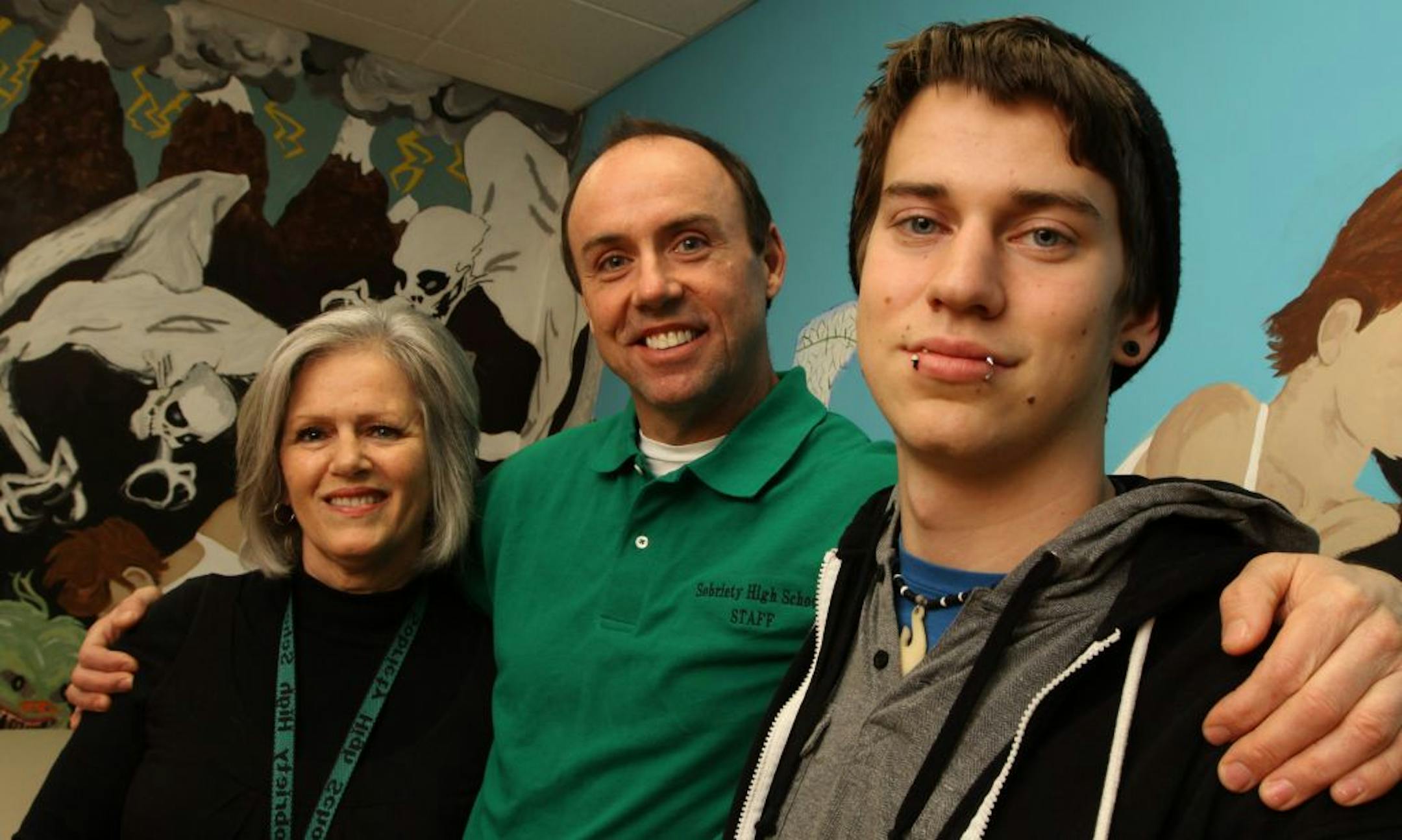 (left to to right) Sober High Charter School Conselor Debbie Bolton, Director Paul McGlynn and Student Joe Fischer were photographed at the Burnsville MN., school on 12/14/2011.