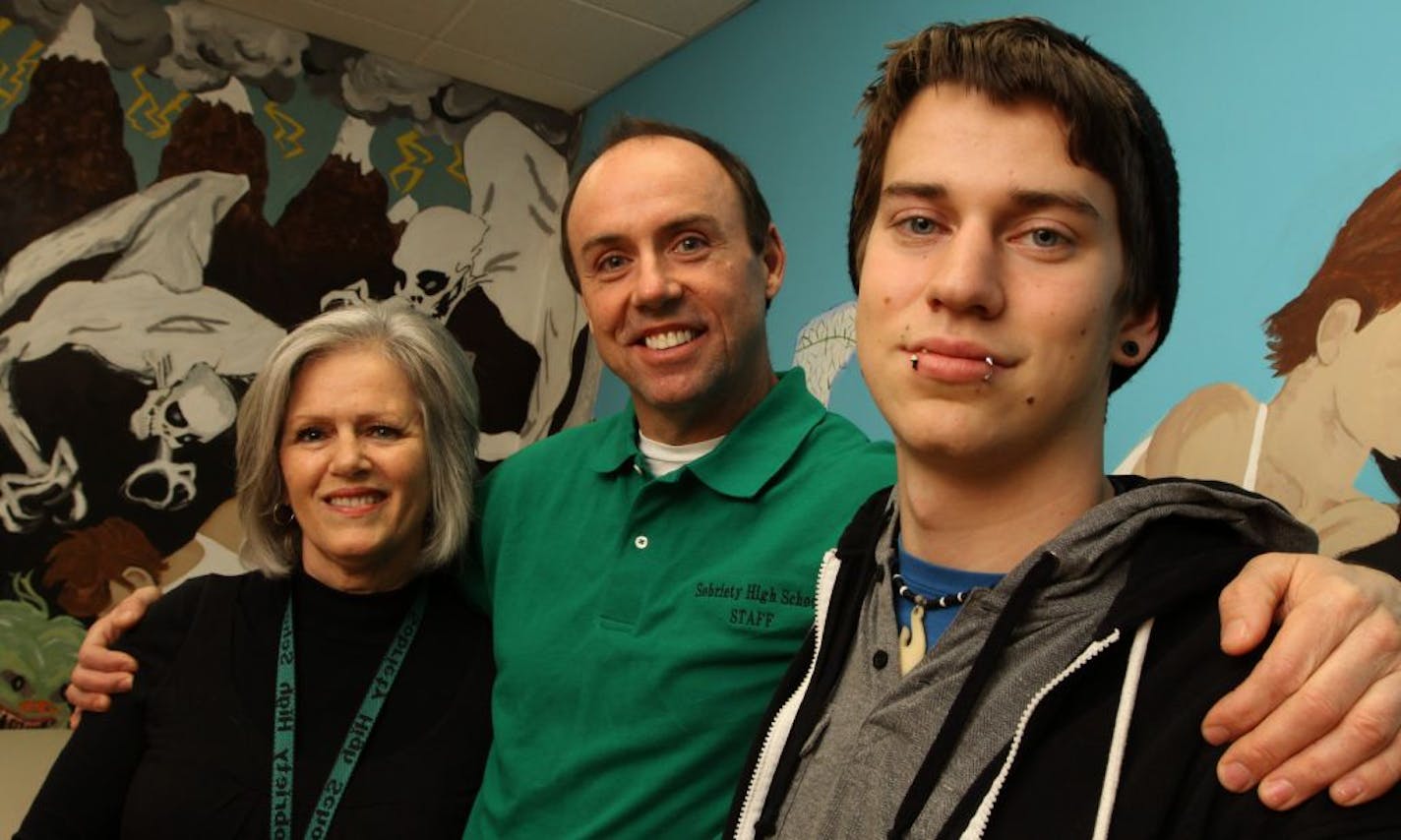 (left to to right) Sober High Charter School Conselor Debbie Bolton, Director Paul McGlynn and Student Joe Fischer were photographed at the Burnsville MN., school on 12/14/2011.