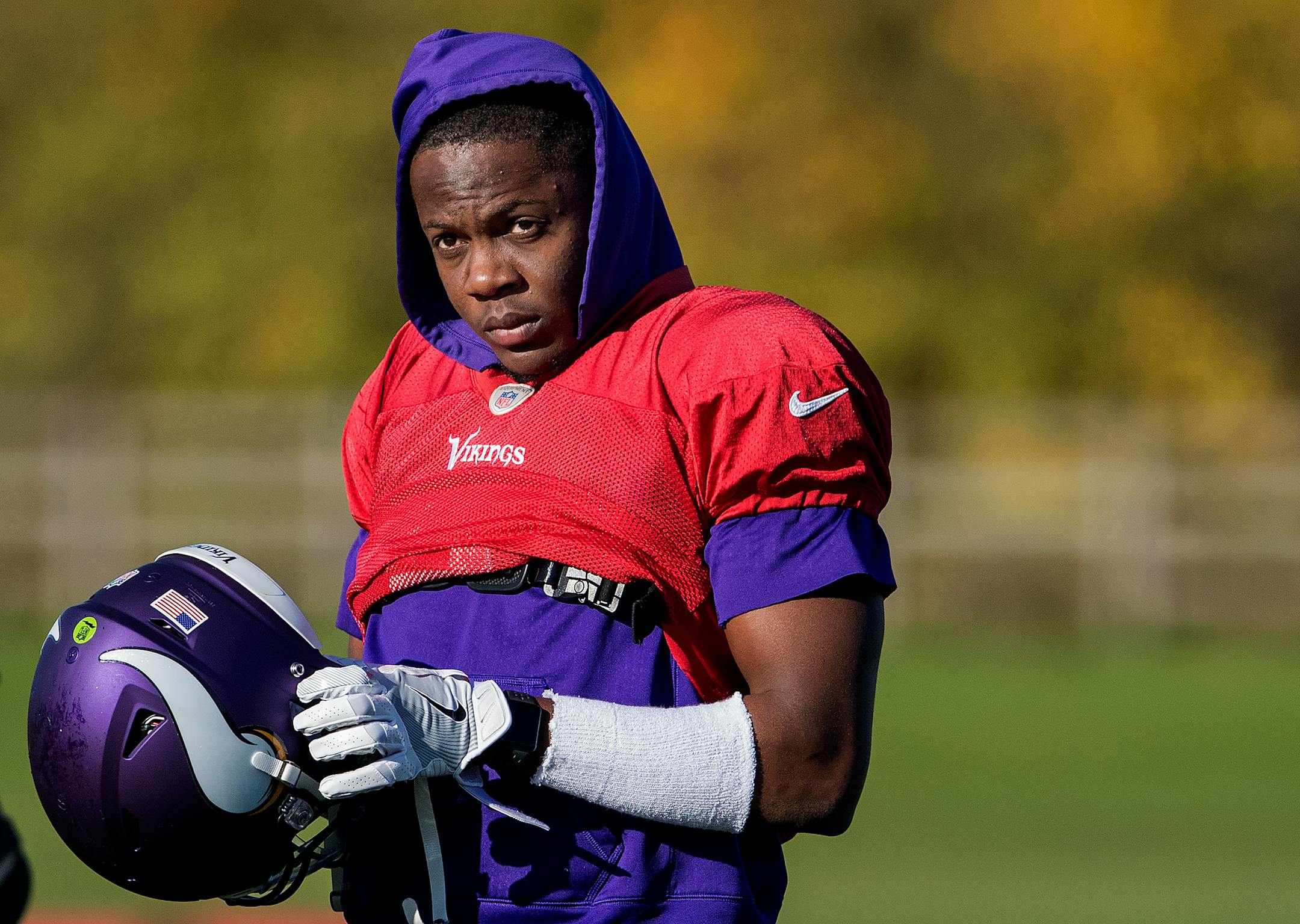 Minnesota Vikings quarterback Teddy Bridgewater (5) put on a helmet during a practice at the London Irish Training Ground in perpetration for a game vs. the Cleveland Browns. ] CARLOS GONZALEZ � cgonzalez@startribune.com - October 27, 2017, London, England, UK, NFL, Minnesota Vikings vs. Cleveland Browns, Practice, London Irish Training Ground