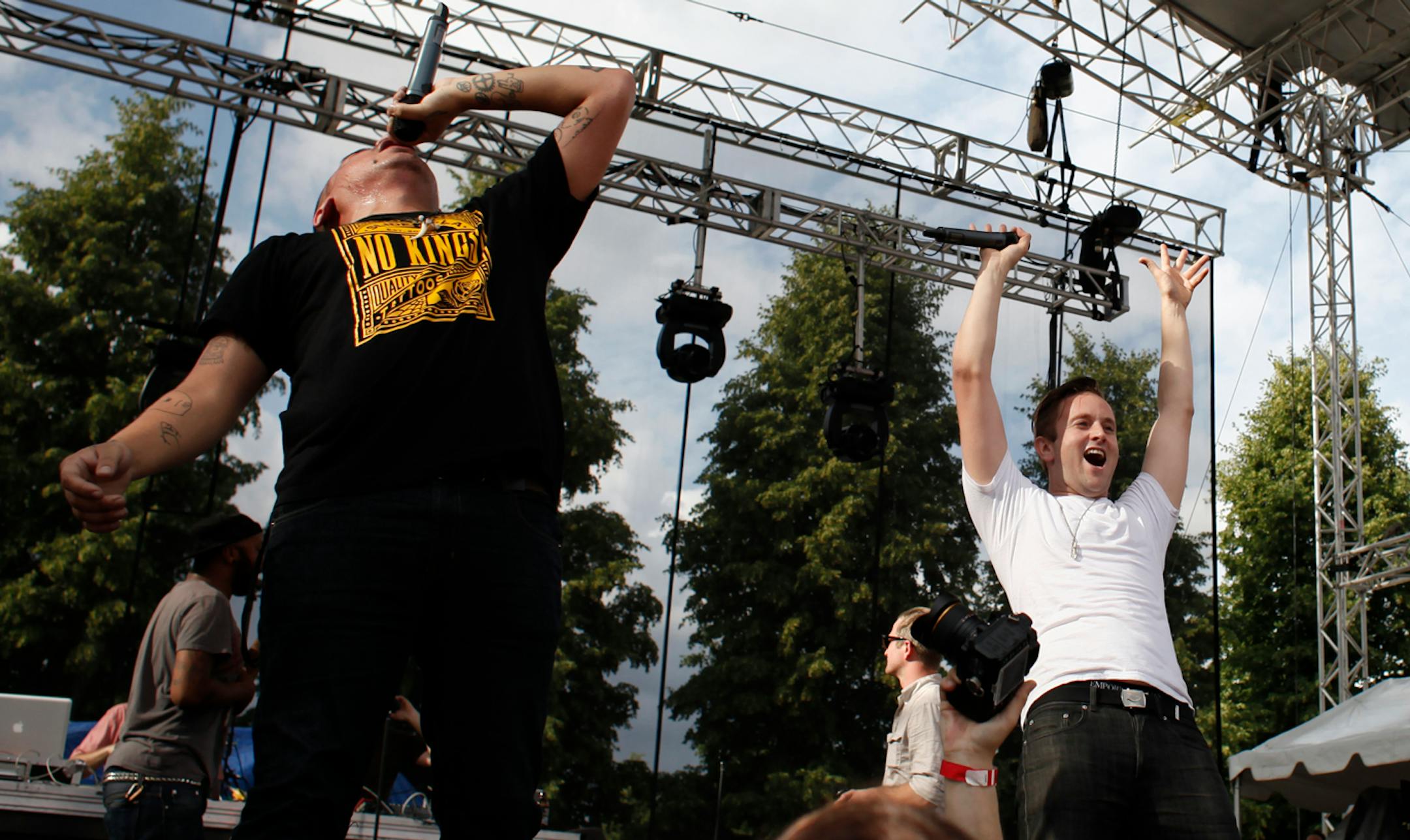 Doomtree's Sims reacts to the crowd as the third performance of the evening at the 2012 Rock the Garden concert in Minneapolis, Minn. on Saturday, June 16, 2012.