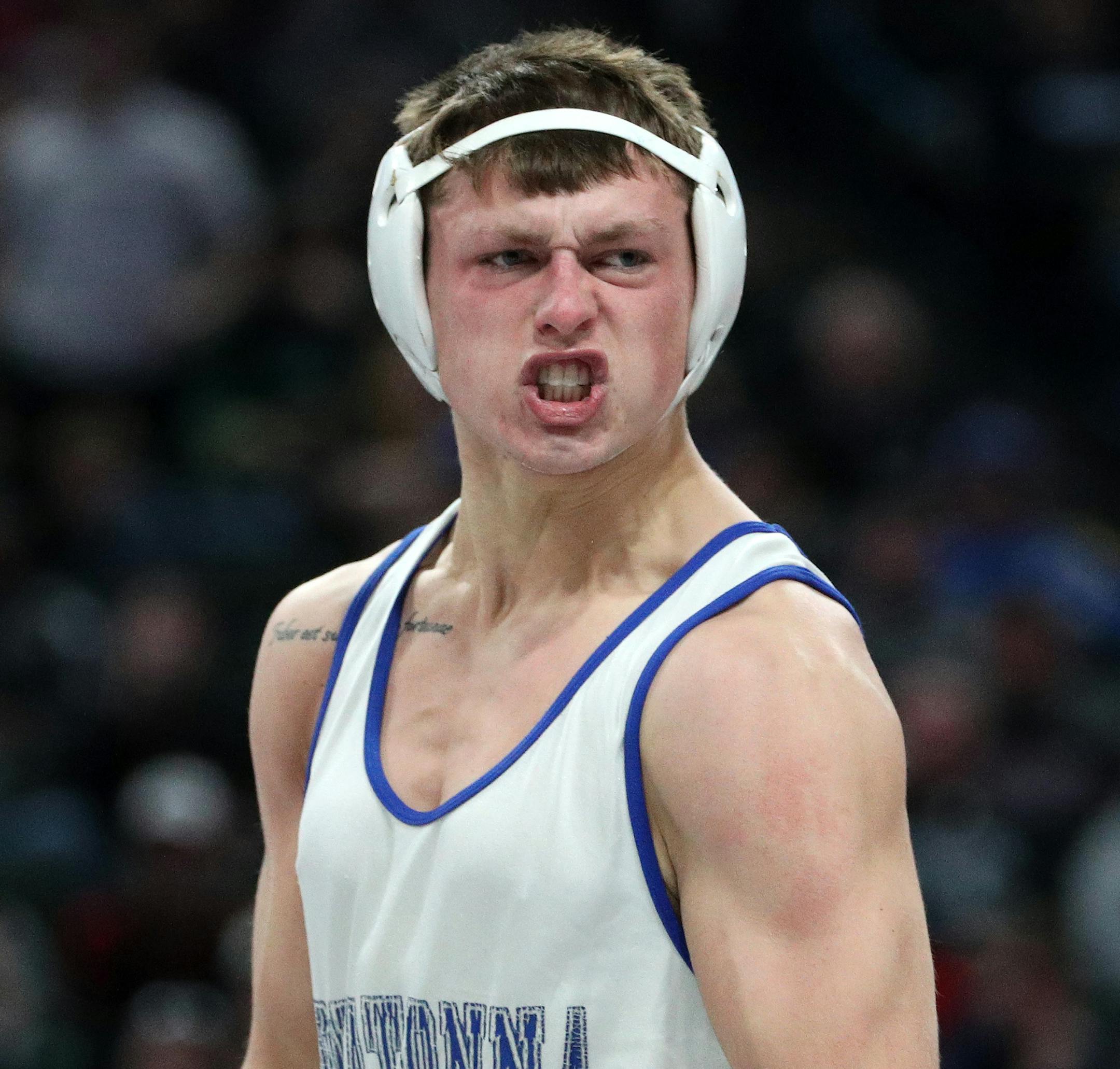 Hasting's Trey Rogers celebrates after defeating Owatonna's Brandon Moen during the Class 3A 182 match Saturday. ] ANTHONY SOUFFLE &#xef; anthony.souffle@startribune.com Wrestlers competed during the the class 1A, 2A, and 3A individual championships Saturday, March 4, 2017 at the Xcel Energy Center in St. Paul, Minn.