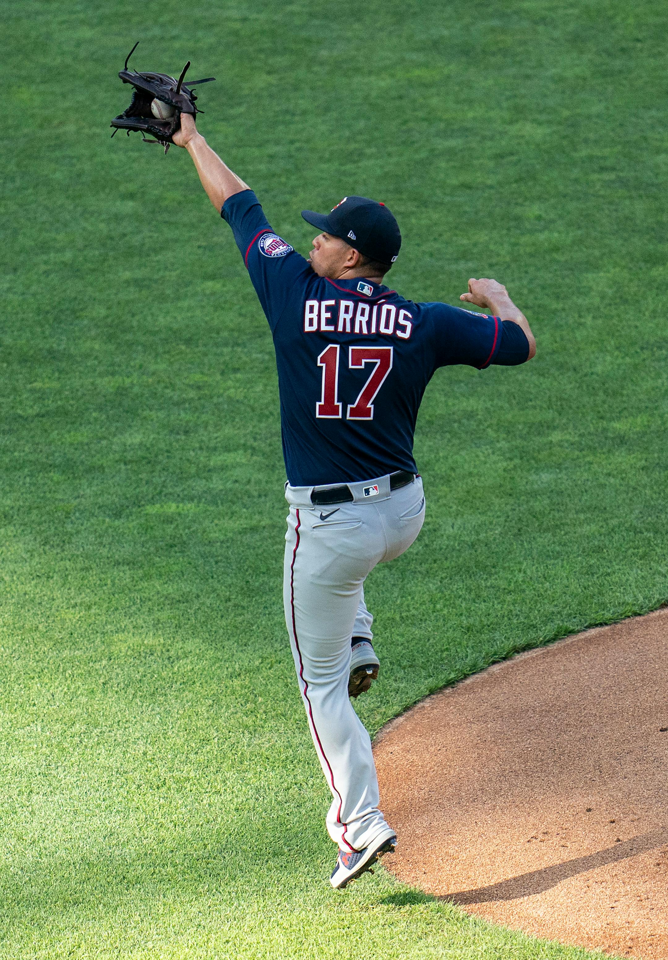 Minnesota Twins starting pitcher Jose Berrios (17) caught the ball as he pitched during a practice scrimmage at Target Field in Minneapolis, Minn., on Wednesday, July 8, 2020.