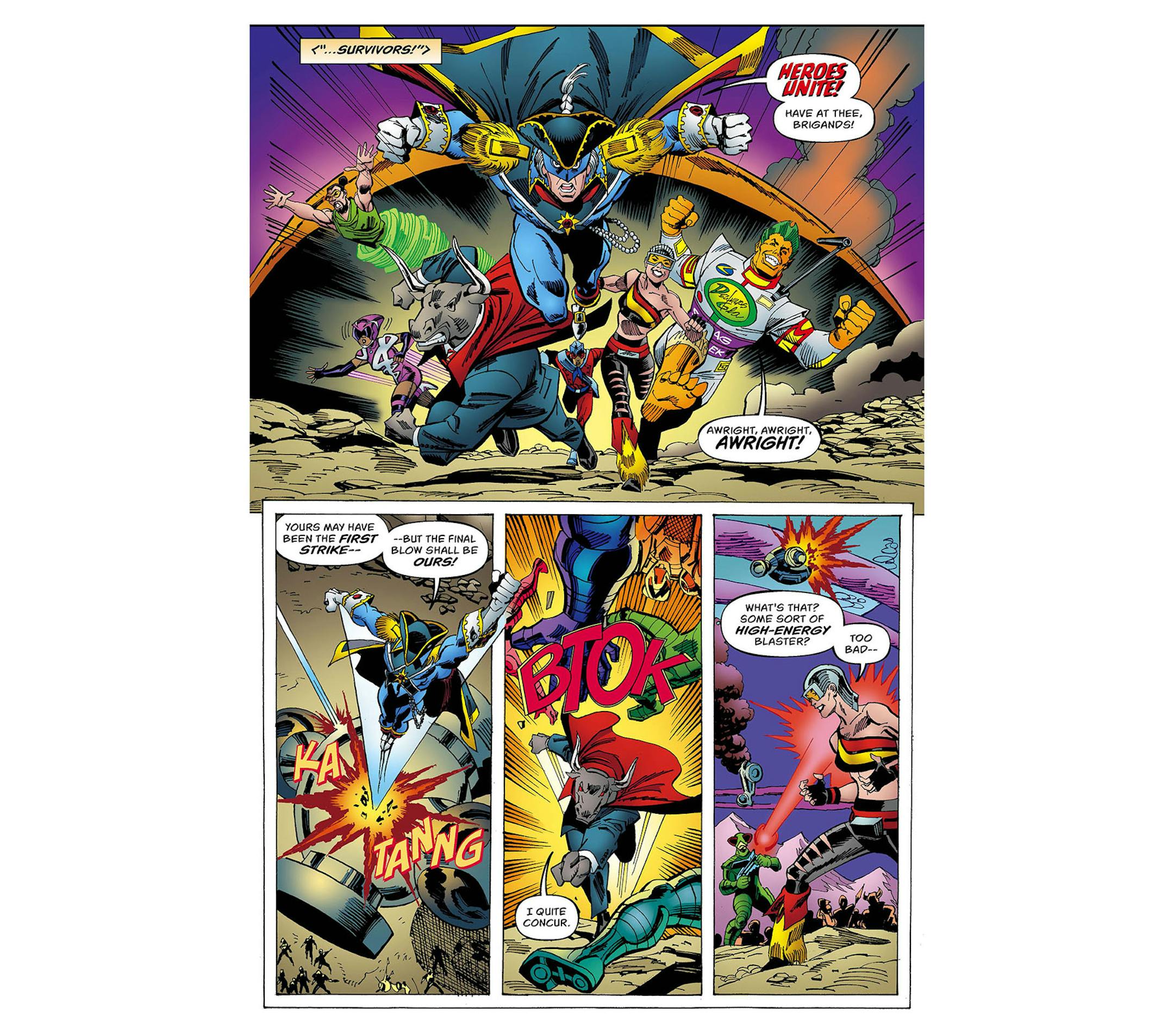 The Heroes Union leaps into action with a hearty "Heroes Unite!" (Art by Ron Frenz and Sal Buscema, copyright Binge Books/TNS)