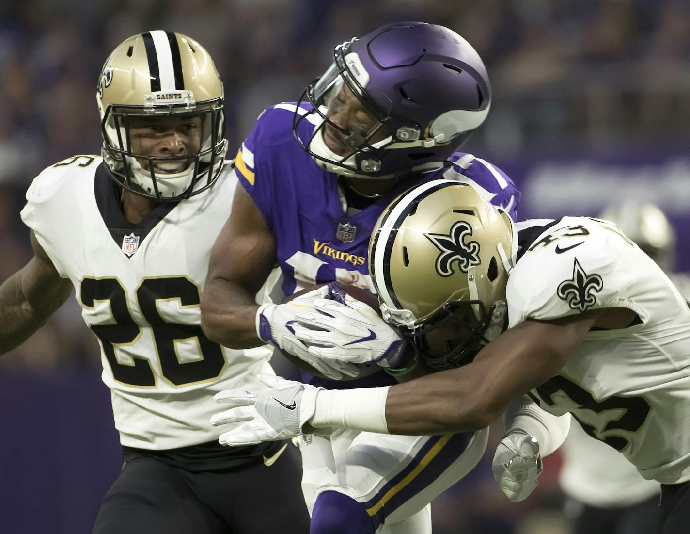 Vikings Jarius Wright picks up a big first down, setting up the Vikings first TD in the 2nd quarter. ] Vikings Home Opener with New Orleans Saints, U.S. Bank Stadium
BRIAN PETERSON &#xef; brian.peterson@startribune.com
Minneapolis, MN 09/11/2017