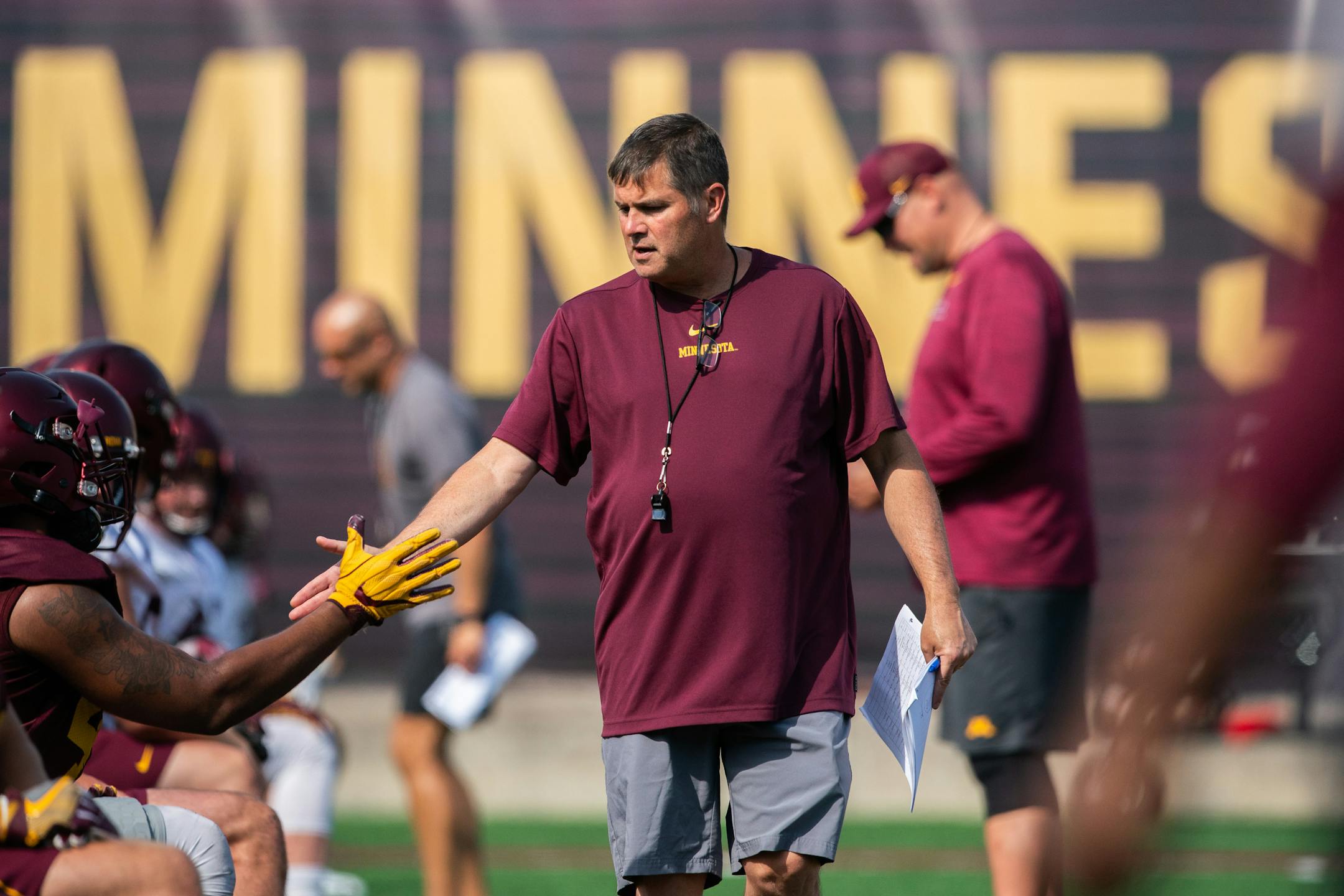 Gphers Offensive Coordinator Kirk Ciarrocca ran players through drills during practice. ] MARK VANCLEAVE ¥ The University of Minnesota Gophers football team held a public practice Friday, Aug 9, 2019 in Minneapolis.