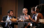 The cast of DISGRACED in a dinner party scene in the home of two of the characters, Amir and Emily. They are, from left, Bhavesh Patel, as Amir, Carol