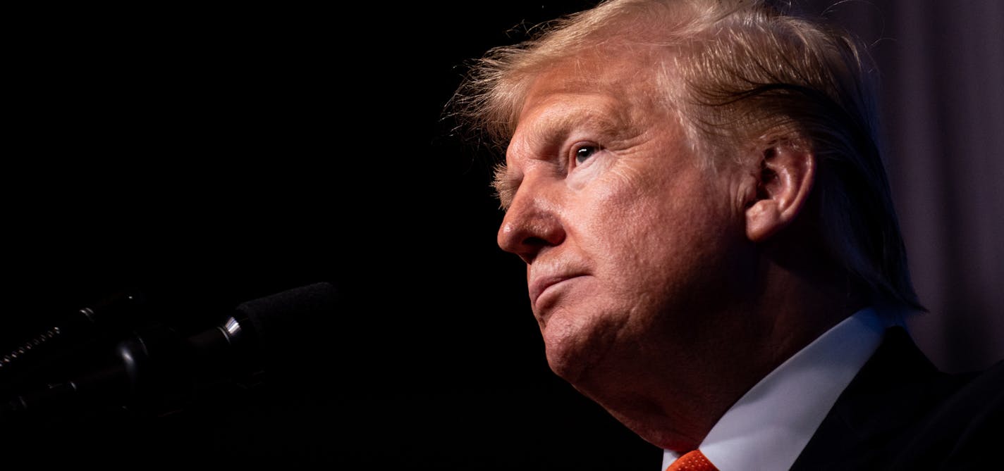 President Donald Trump speaks at the RX Drug Abuse and Heroin Summit in Atlanta, April 24, 2019. After saying that he was committed to ending the opioid crisis &#x201c;once and for all,&#x201d; Trump&#x2019;s remarks soon pivoted to the strength of the economy, the hard work of American border patrol agents patrolling for illicit drugs, and praised drug-sniffing dogs. (Erin Schaff/The New York Times)