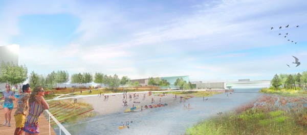 This rendering shows the channel between Hall&#x2019;s Island and the riverbank that is being developed into a park. The Minneapolis Park and Recreati