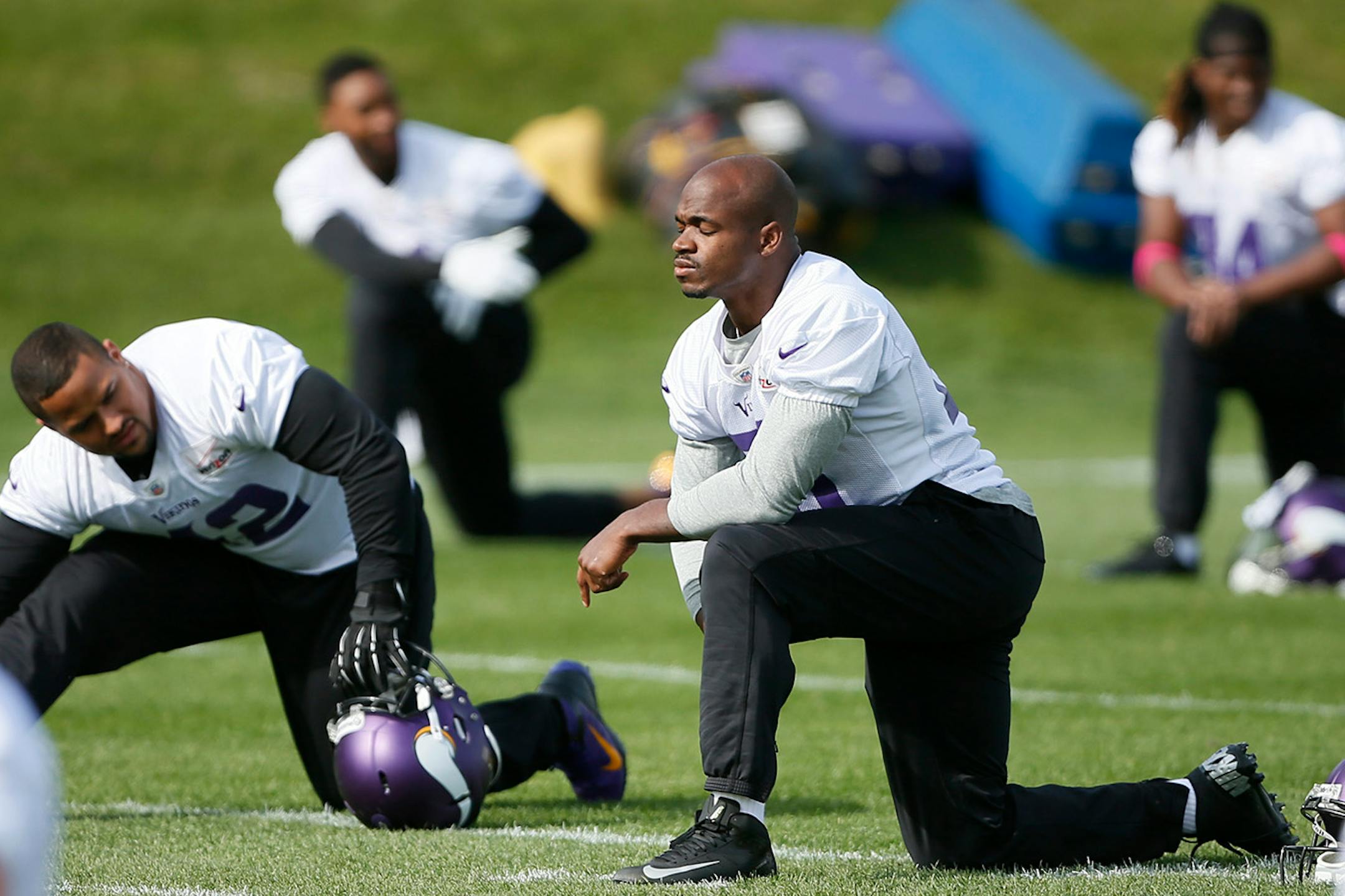 Vikings running back Adrian Peterson was back on the practice field with his teammates Thursday October 17, 2013 Eden Prairie, MN. ] JERRY HOLT • jerry.holt@startribune.com