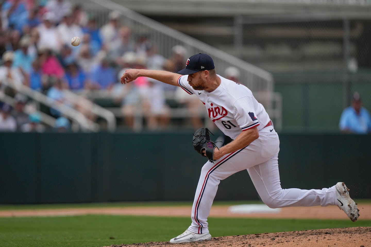 Minnesota Twins pitcher Brock Stewart throws in the fourth inning of a spring training baseball game against the New York Yankees in Fort Myers, Fla., Monday, March 13, 2023. (AP Photo/Gerald Herbert)