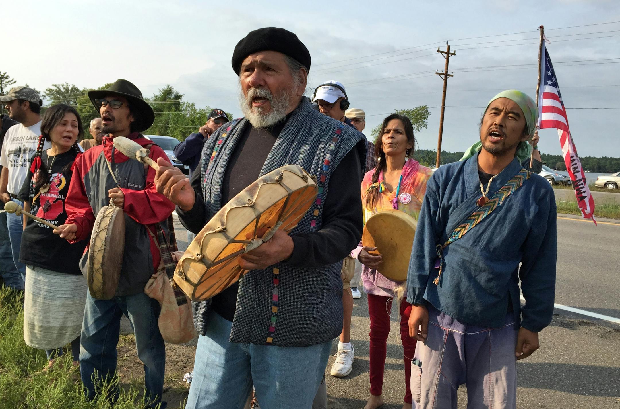 Denis Banks, co founder of the American Indian Movement, joined other band members in support of wild rice harvesting on Hole In The Day Lake south of Nisswa Thursday morning.