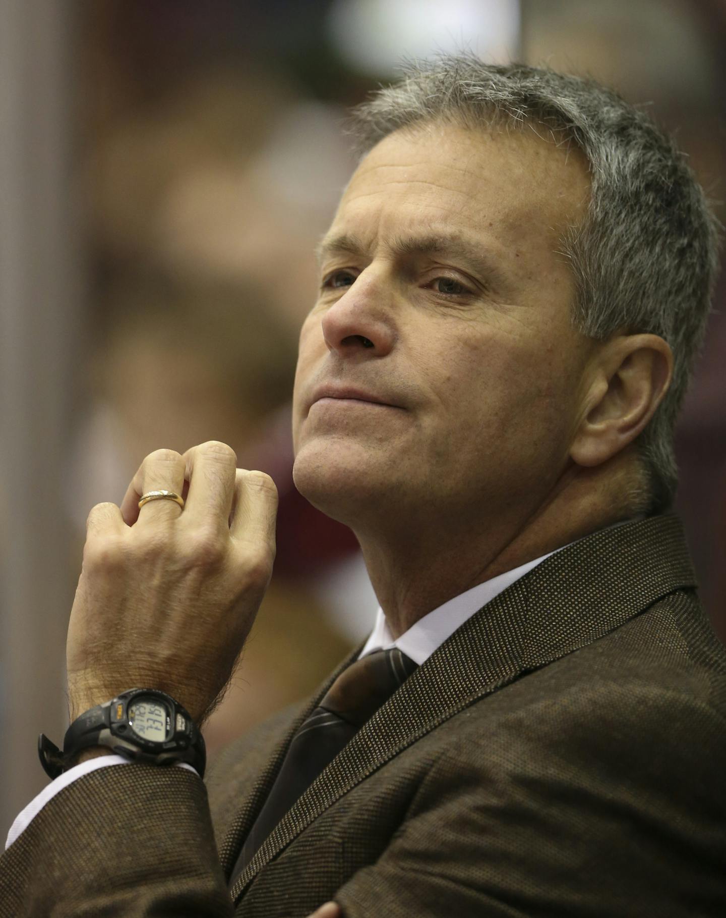 University of Minnesota head coach Don Lucia watched his team in the second period Sunday night, after which the Gophers' trailed 5-3. ] JEFF WHEELER &#xef; jeff.wheeler@startribune.com The University of Minnesota Gophers faced the St. Cloud State Huskies Sunday afternoon, November 29, 2015 at Mariucci Arena in Minneapolis.