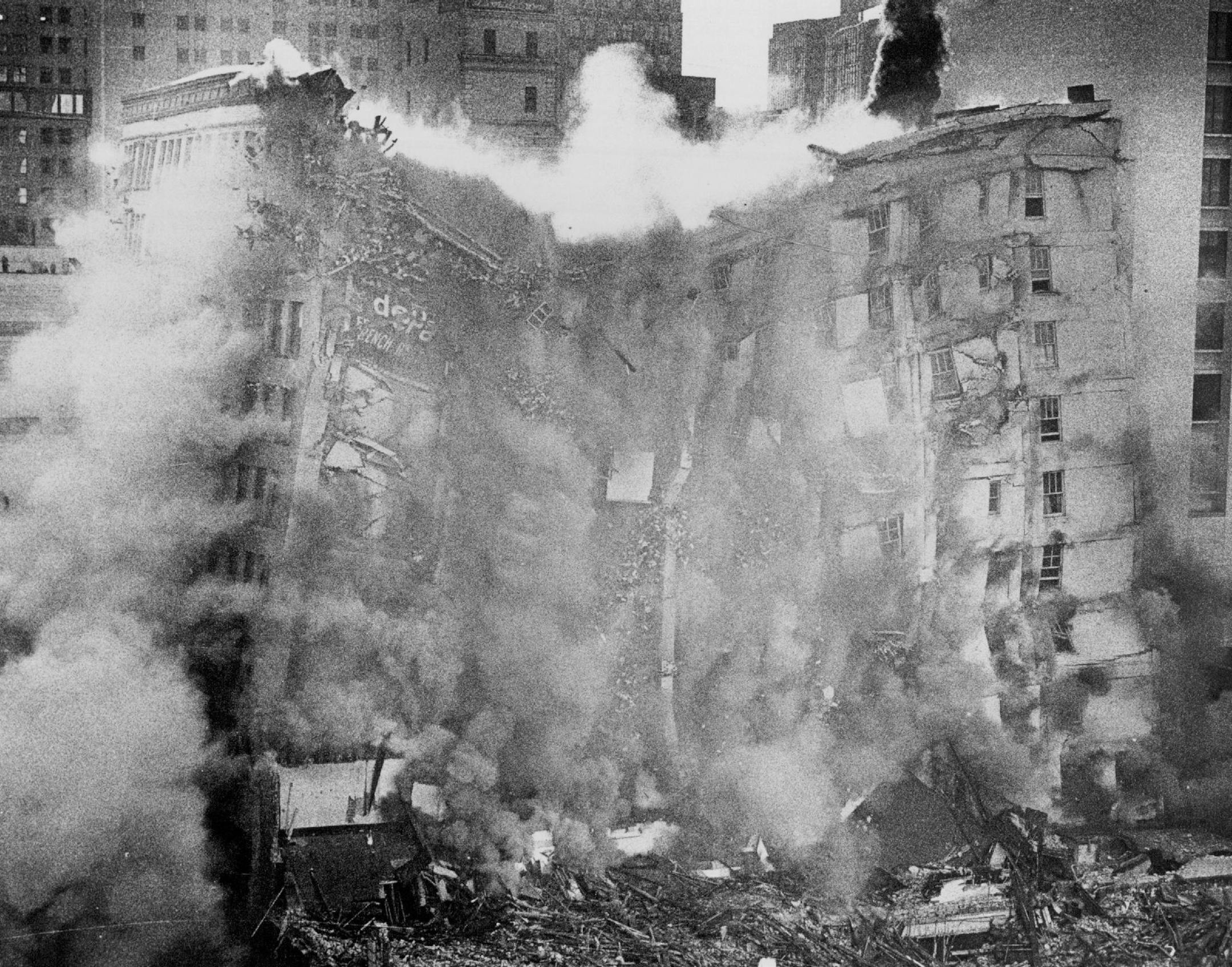 A view of the falling Hotel Dyckman from the roof of the Hennepin Center for the Arts. The downtown Minneapolis hotel was demolished to make room for City Center.