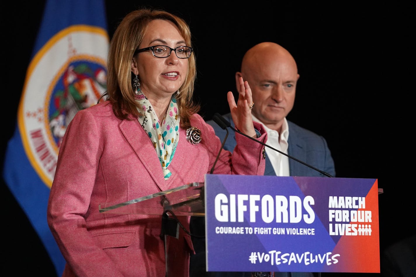 Gabby Giffords, the former congresswoman who survived a shooting in 2011, and her husband Mark Kelly, a retired astronaut, spoke during a round table and rally to get gun control advocates out to vote in the upcoming the election. ] ANTHONY SOUFFLE &#xef; anthony.souffle@startribune.com Gabby Giffords, the former congresswoman who survived a shooting in 2011, and her husband Mark Kelly, a retired astronaut, spoke during a round table discussion hosted by Comedy Central's Jordan Klepper and rally