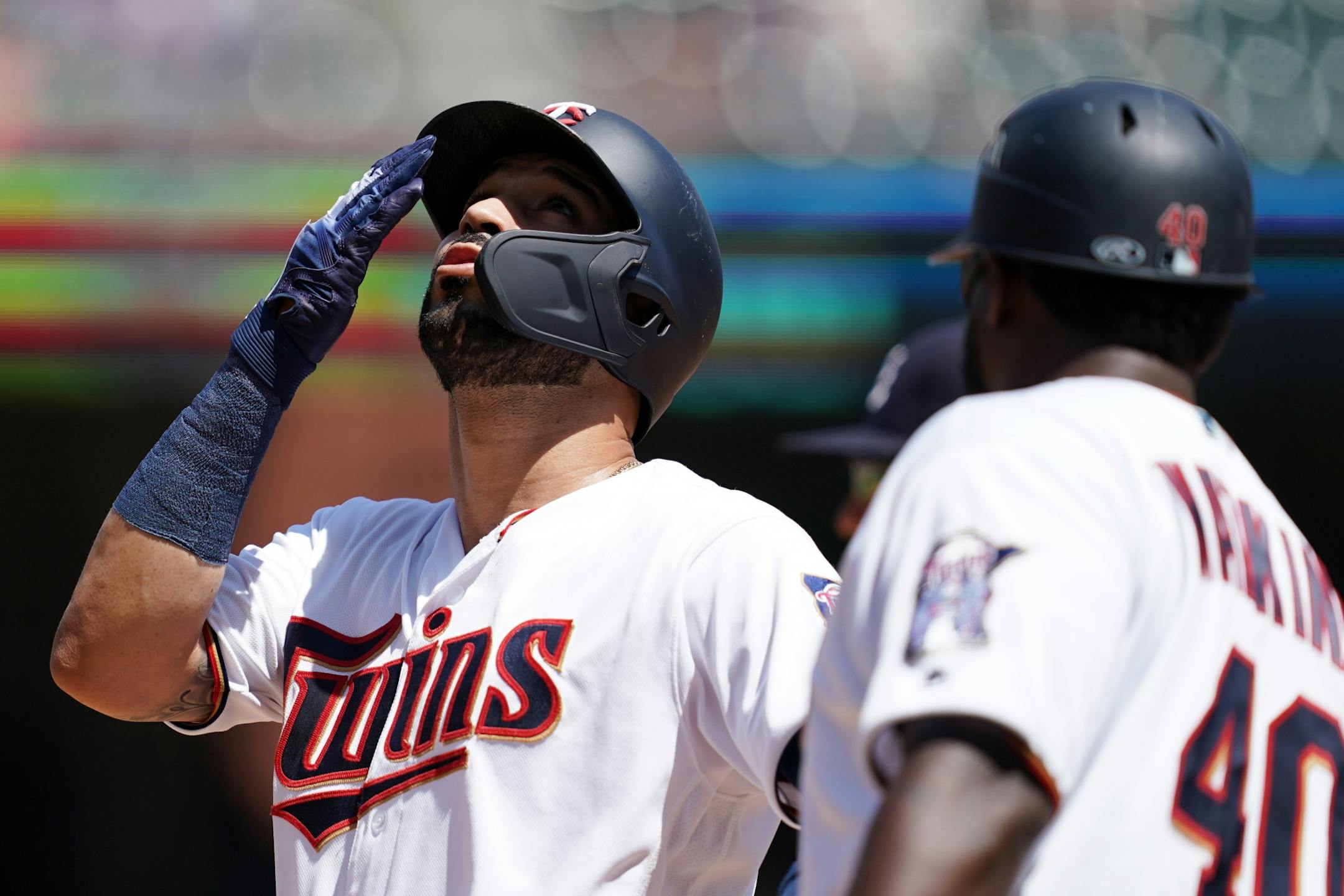Minnesota Twins right fielder Marwin Gonzalez (9) celebrated after he hit a single in the fifth inning.