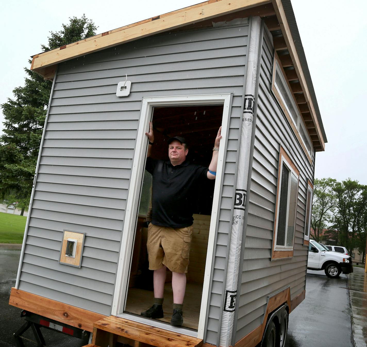 Brian Hurd has been homeless and living in a van for the past five years. Here, Hurd posed inside a tiny house under construction at Kandiyohi County public works building that will go to his friend Dave, who is also homeless Wednesday, June 3, 2015, in Willmar, MN. Hurd hope oneday to have a similar home.](DAVID JOLES/STARTRIBUNE)djoles@startribune.com St. Cloud will soon get its first tiny house, parked on a church lot. The 128 foot tiny house, spearheaded by the St. Cloud Coalition for Homele