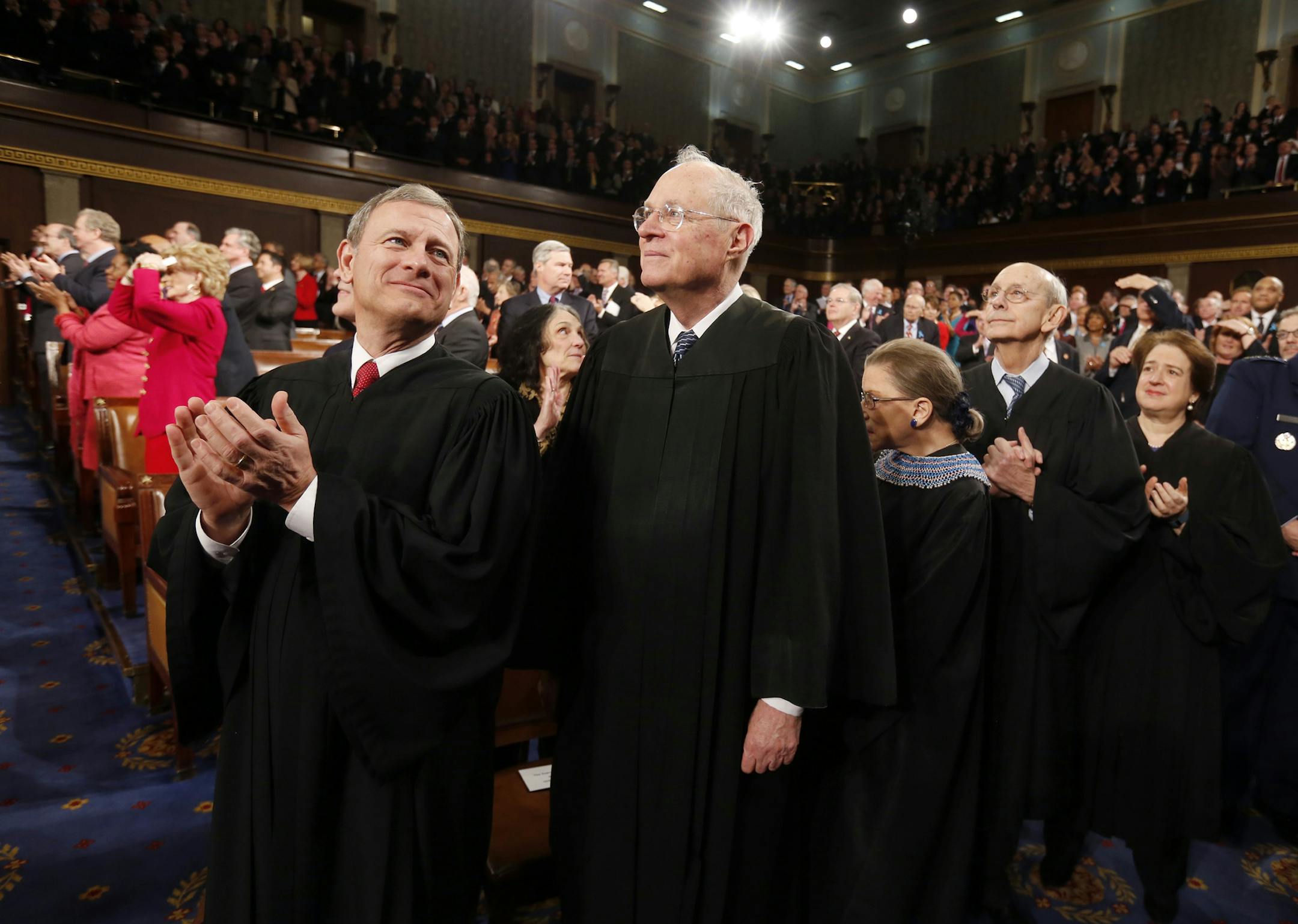 From left, Supreme Court Chief Justice John Robert, Justice Anthony Kennedy, Justice Ruth Bader Ginsburg, Justice Stephen Breyer and Justice Sonia Sotomayor applaud during President Barack Obama's State of the Union address before a joint session of Congress in the House chamber Tuesday, Jan. 28, 2014. (AP Photo/Larry Downing, Pool)