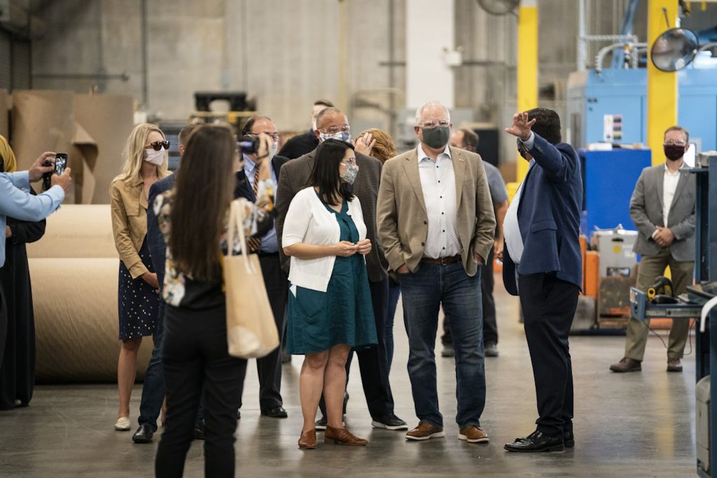 Lt. Gov. Peggy Flanagan and Gov. Tim Walz got a tour of Liberty Packaging from Jack Fiterman (Vice President, Business Development for Liberty Diversified International) in Brooklyn Park, Minn., before a press conference about how the company is a distribution site as part of the stateÕs effort to distribute four million masks to businesses and Minnesotans across the state, on Wednesday, July 29, 2020.