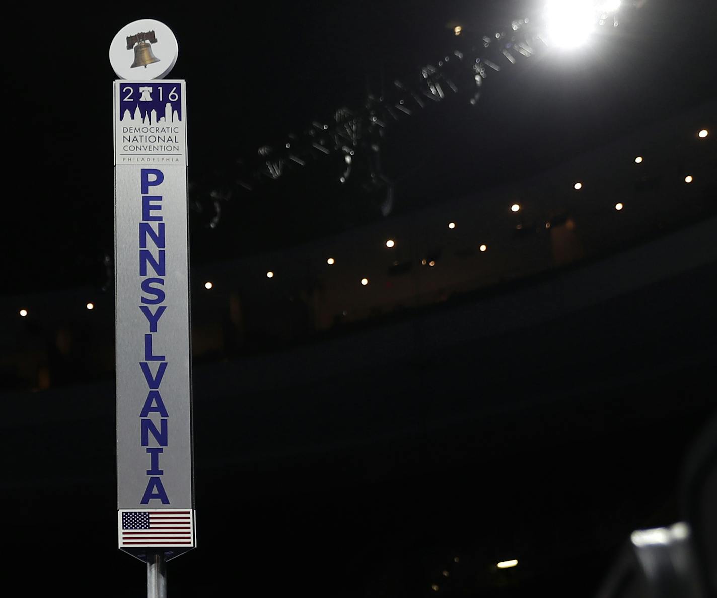 The sign making the floor location for the Pennsylvania state delegation is seen on the convention floor as preparations continue for the 2016 Democratic National Convention in Philadelphia, Saturday, July 23, 2016. (AP Photo/Carolyn Kaster)