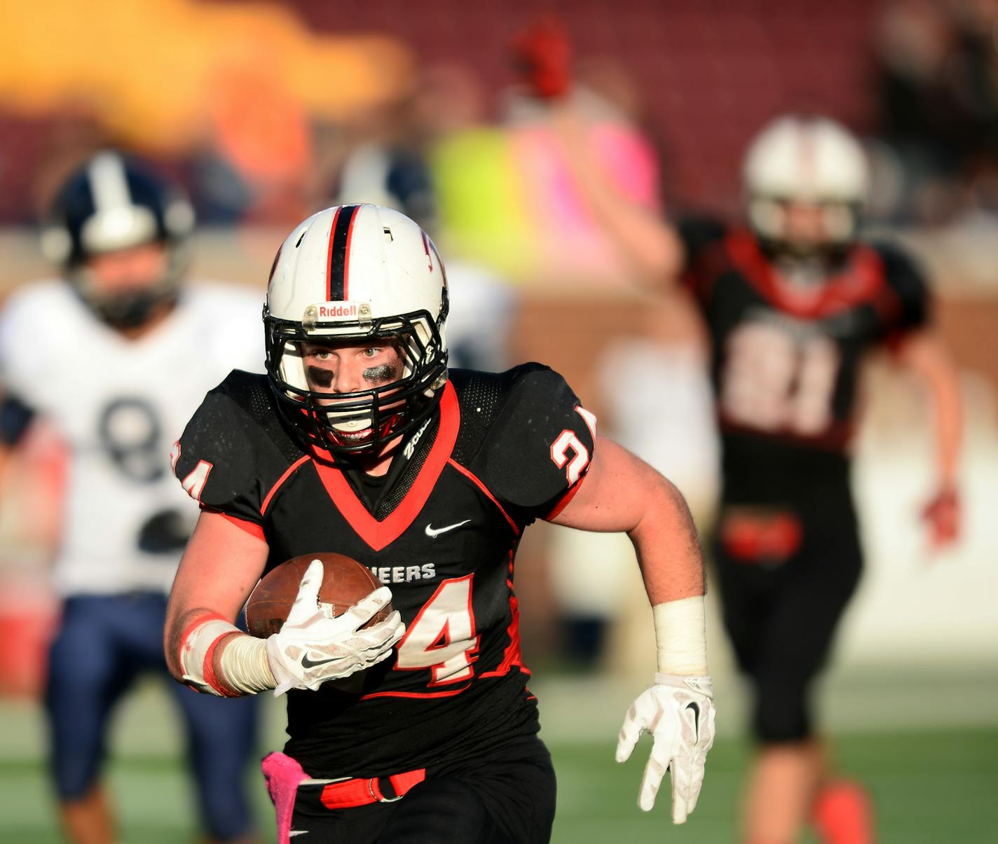 Pierz running back Noah Boser (24) ran the ball in for a touchdown the fourth quarter against Jackson County Central. ] (AARON LAVINSKY/STAR TRIBUNE) aaron.lavinsky@startribune.com Jackson County Central played Pierz in the Class 3A championship game on Saturday, Nov. 14, 2015 at TCF Bank Stadium.