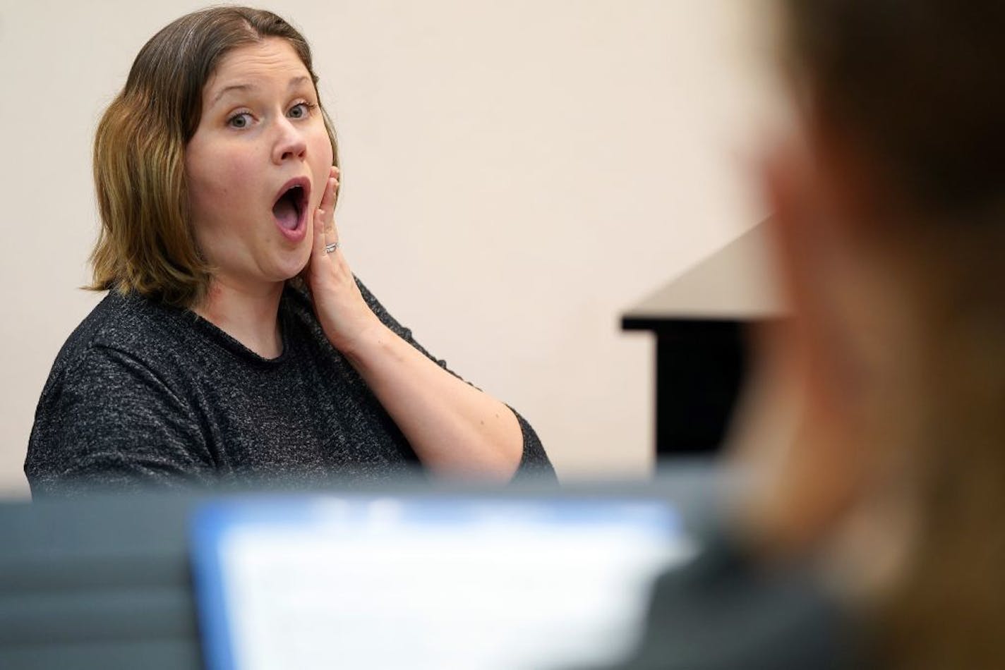 Instructor Caroline Povolny worked with Aislinn Hogoboom, 15, during a voice lesson Wednesday evening at Hopewell Music.