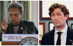 Chicago Mayor Lori Lightfoot, left, abruptly withdrew from a virtual roundtable that Minneapolis Mayor Jacob Frey, right, was also scheduled to attend