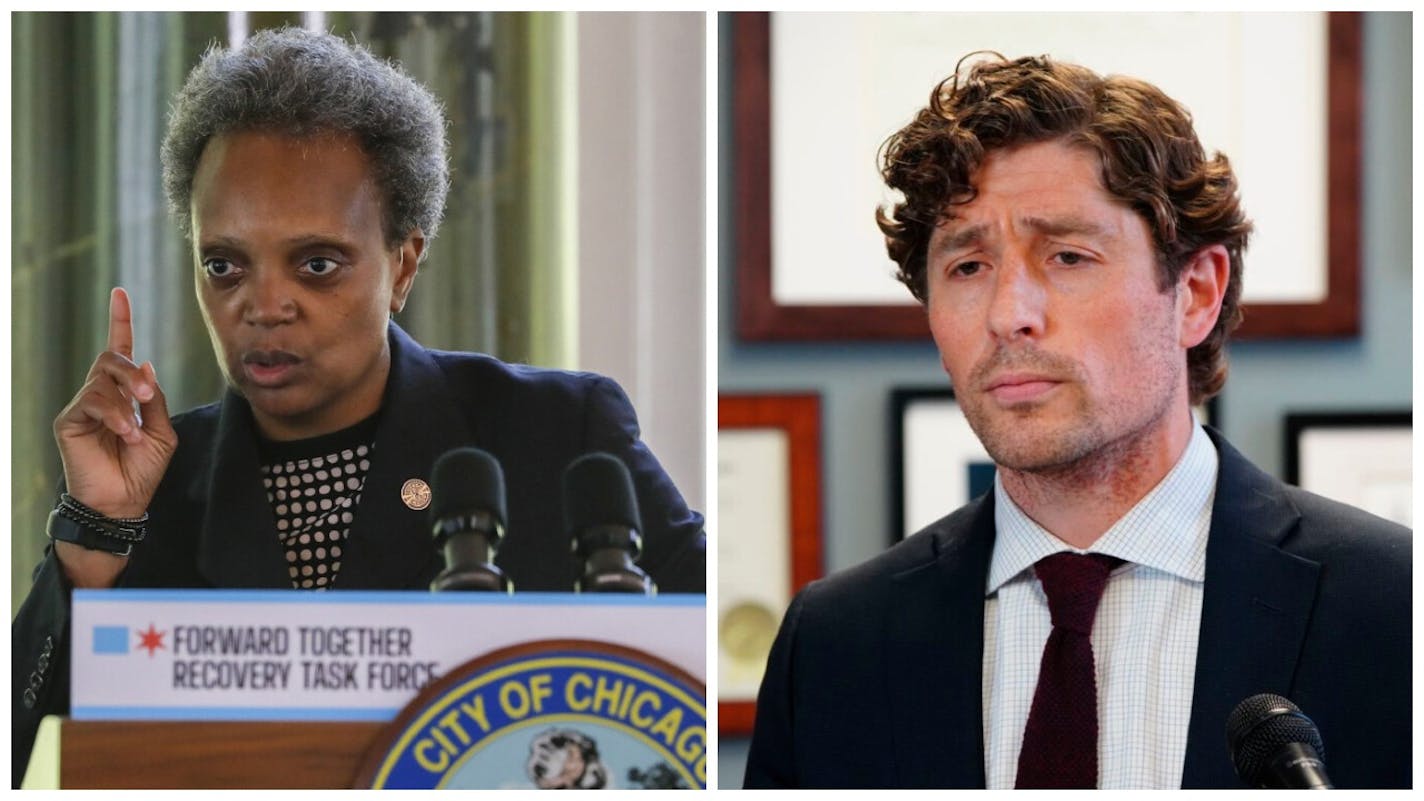 Chicago Mayor Lori Lightfoot, left, abruptly withdrew from a virtual roundtable that Minneapolis Mayor Jacob Frey, right, was also scheduled to attend.