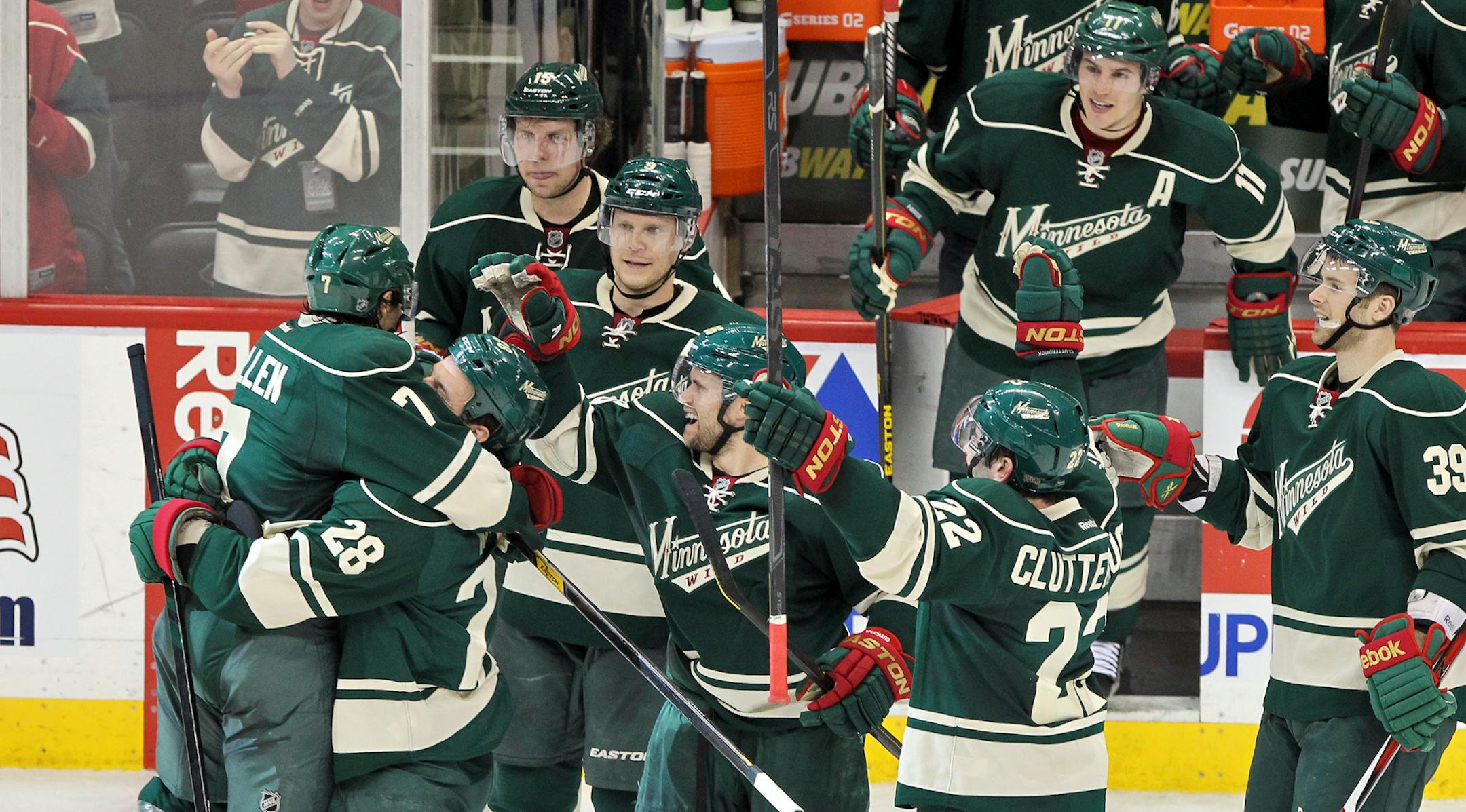 Minnesota Wild vs. Los Angeles Kings. Wild won in a shoot-out scoring on all three attempts. Wild players lift Matt Cullen, left, into the air in celebration after he scored the deciding goal in the shoot-out. (MARLIN LEVISON/STARTRIBUNE(mlevison@startribune.com (cq )