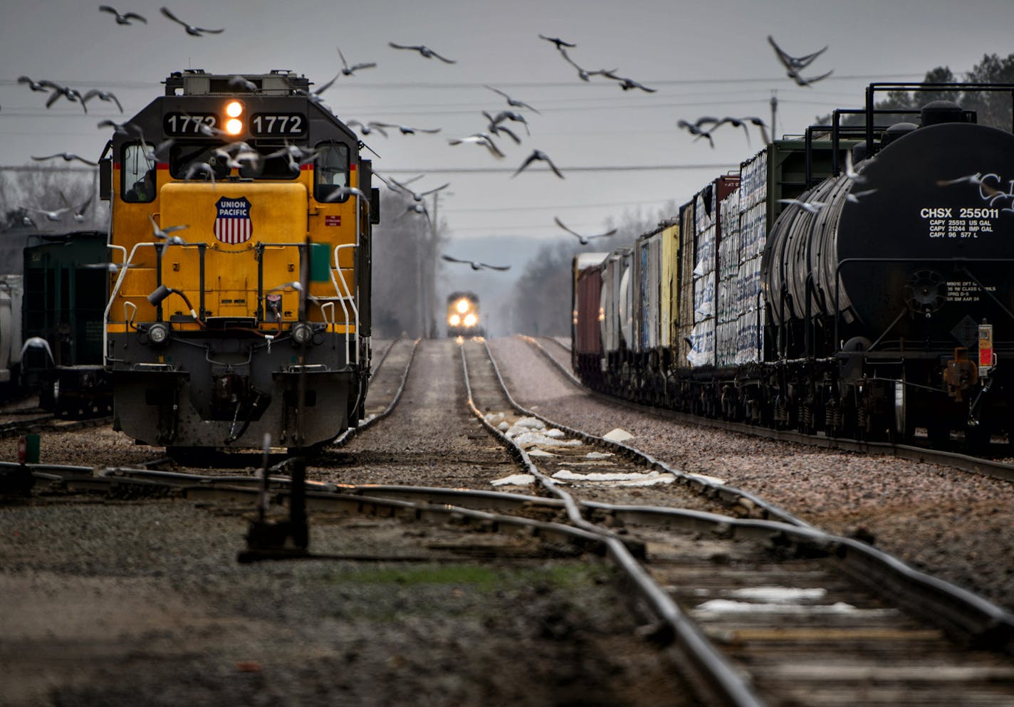 A freight train passed through the Valley Park Depot in Shakopee. ] GLEN STUBBE * gstubbe@startribune.com Wednesday, April 6, 2016 House Transportation Policy and Finance Committee took up a bill on rail safety Wednesday. The bill would increase the number of state track inspectors and requires railroads to notify MnDOT when hazardous materials are being carried by rail through Minnesota communities.