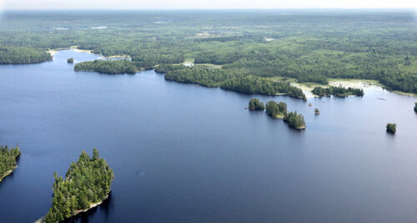 An aerial view looking over Birch Lake toward the site of the Twin Metals underground mine.